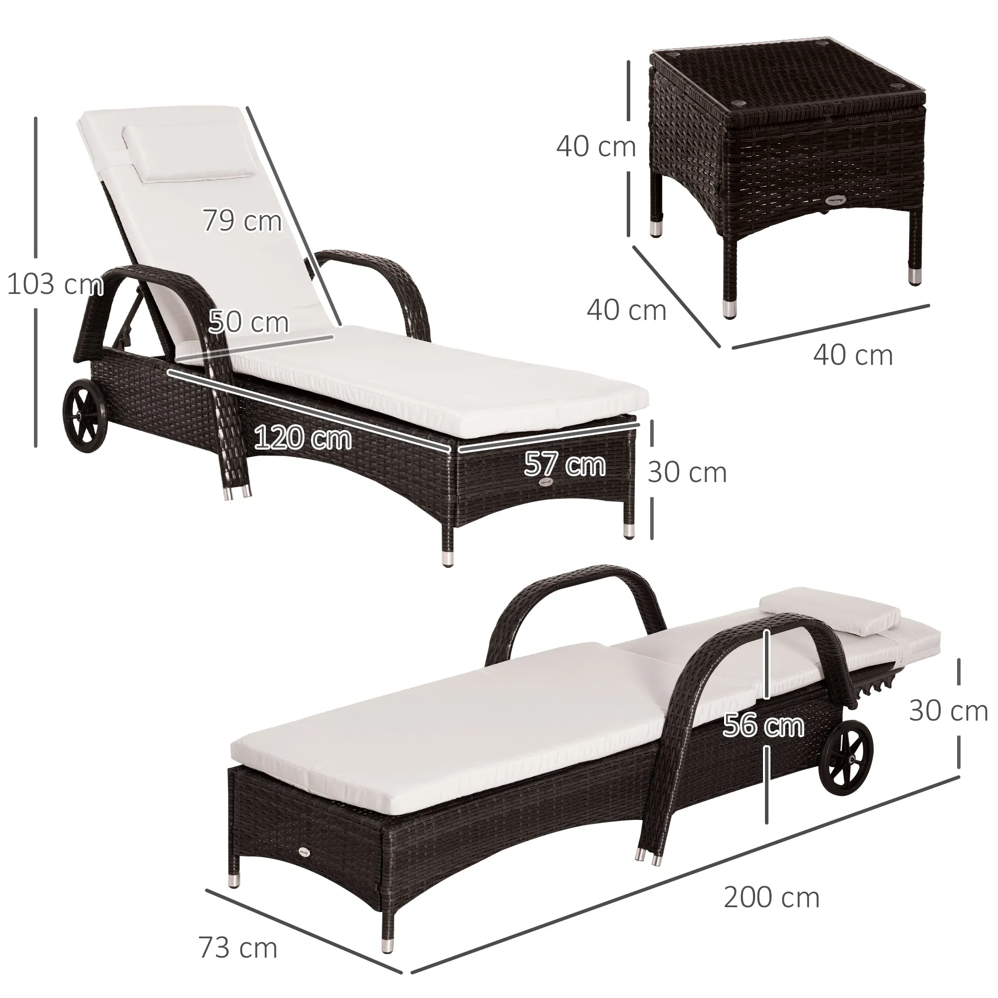 3 Pieces Patio Lounge Chair Set, Garden Wicker Wheeling Recliner Outdoor Daybed, PE Rattan Lounge Chairs w/Cushions & Side Coffee Table Brown