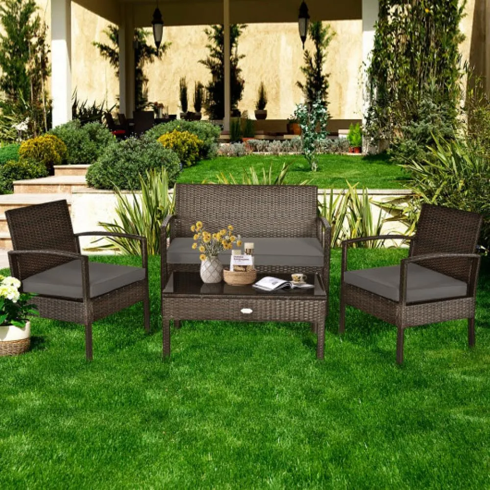 4 Pieces Patio Rattan Cushioned Furniture Set with Loveseat and Table-Black