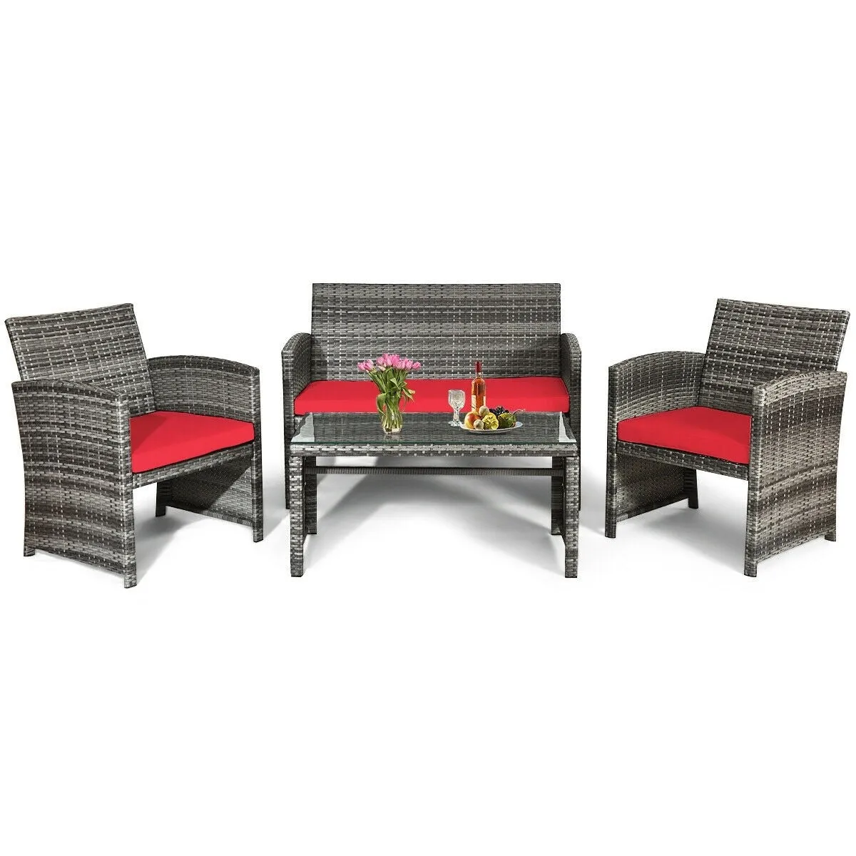 4pc Patio Rattan Furniture Set - Red