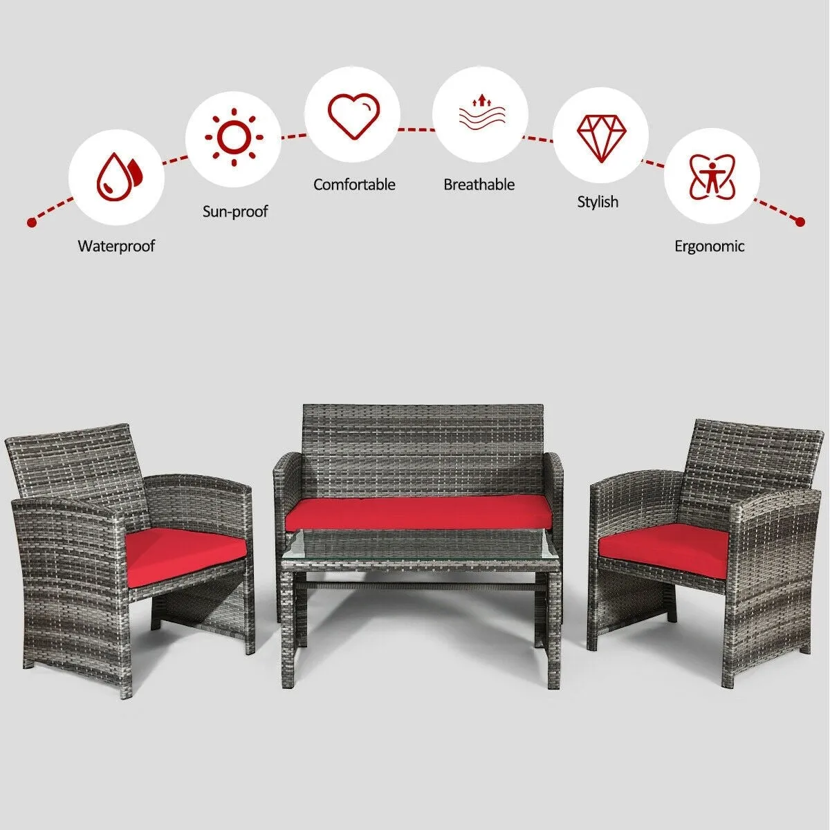 4pc Patio Rattan Furniture Set - Red