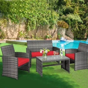 4pc Patio Rattan Furniture Set - Red