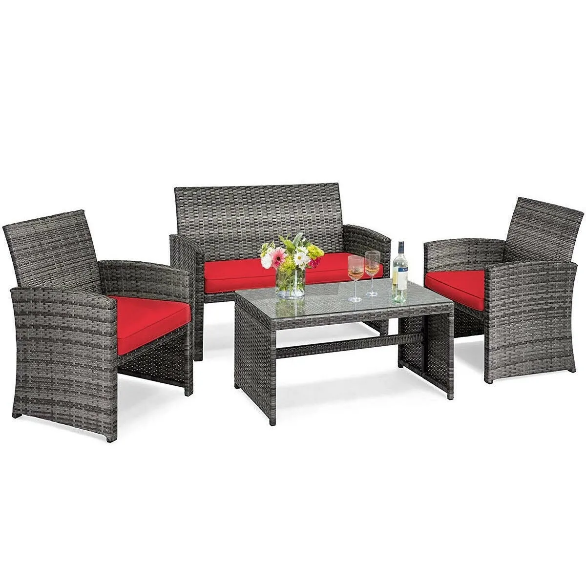 4pc Patio Rattan Furniture Set - Red