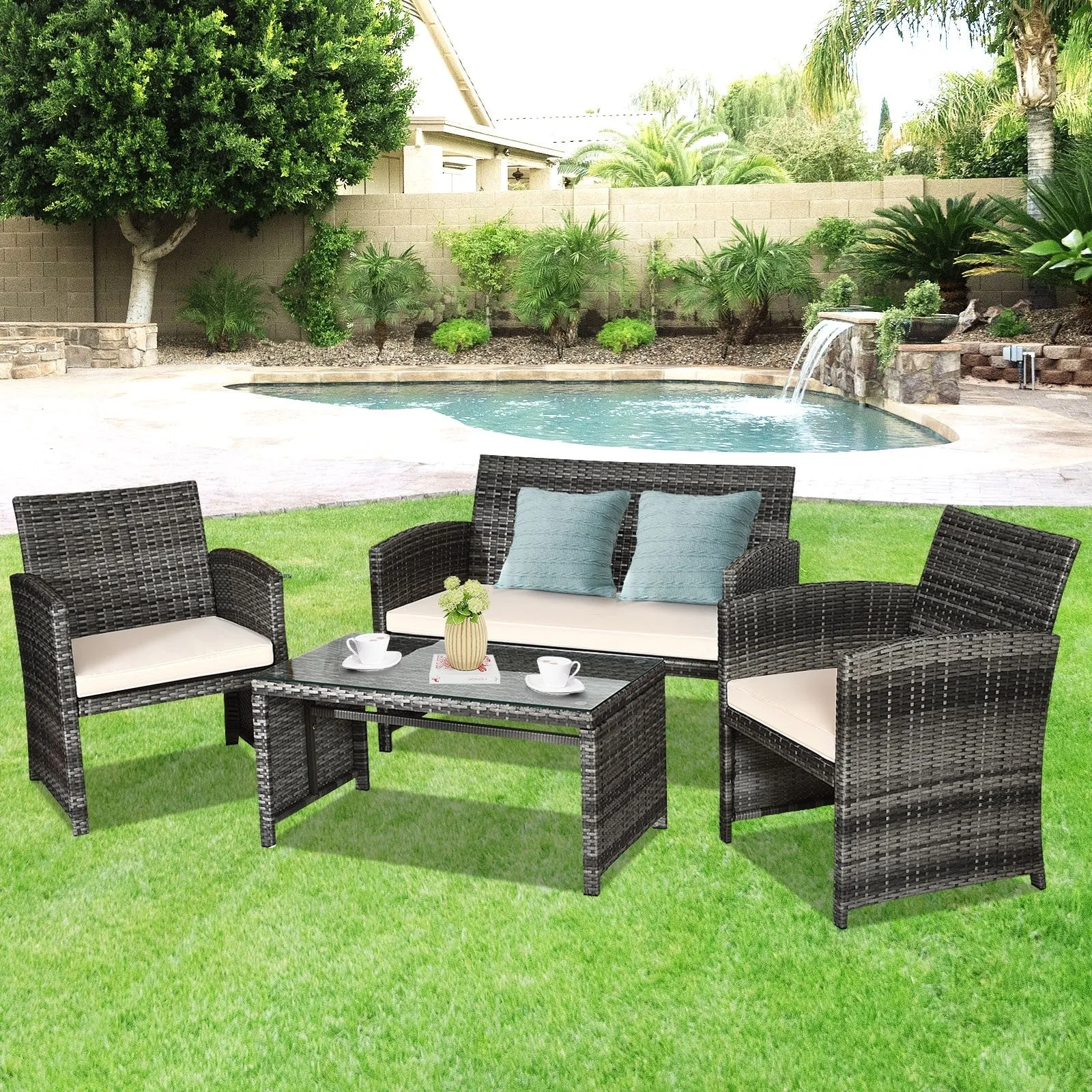 4pc Patio Rattan Furniture Set - White