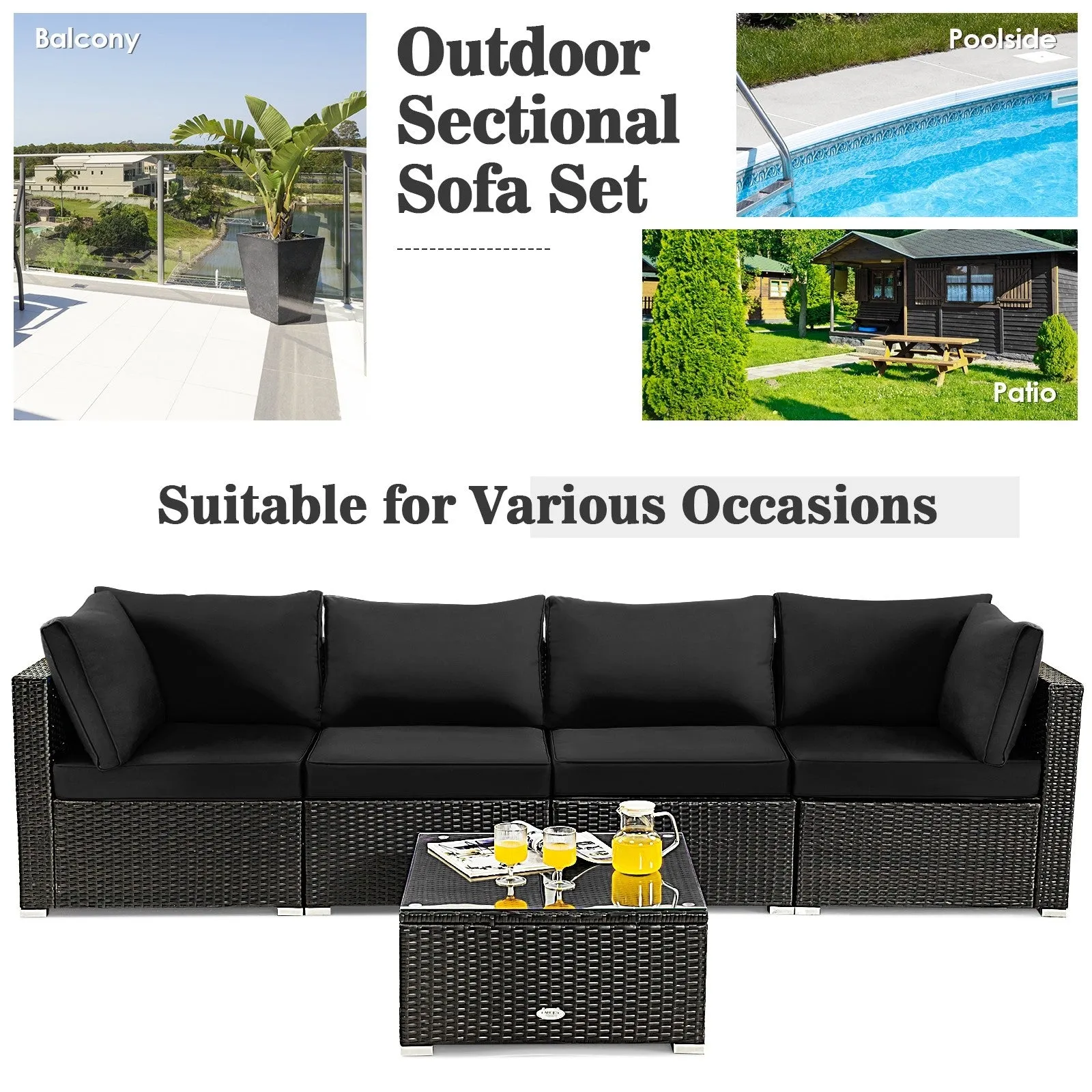 5pc Wicker Rattan Cushioned Patio Furniture Set - Black