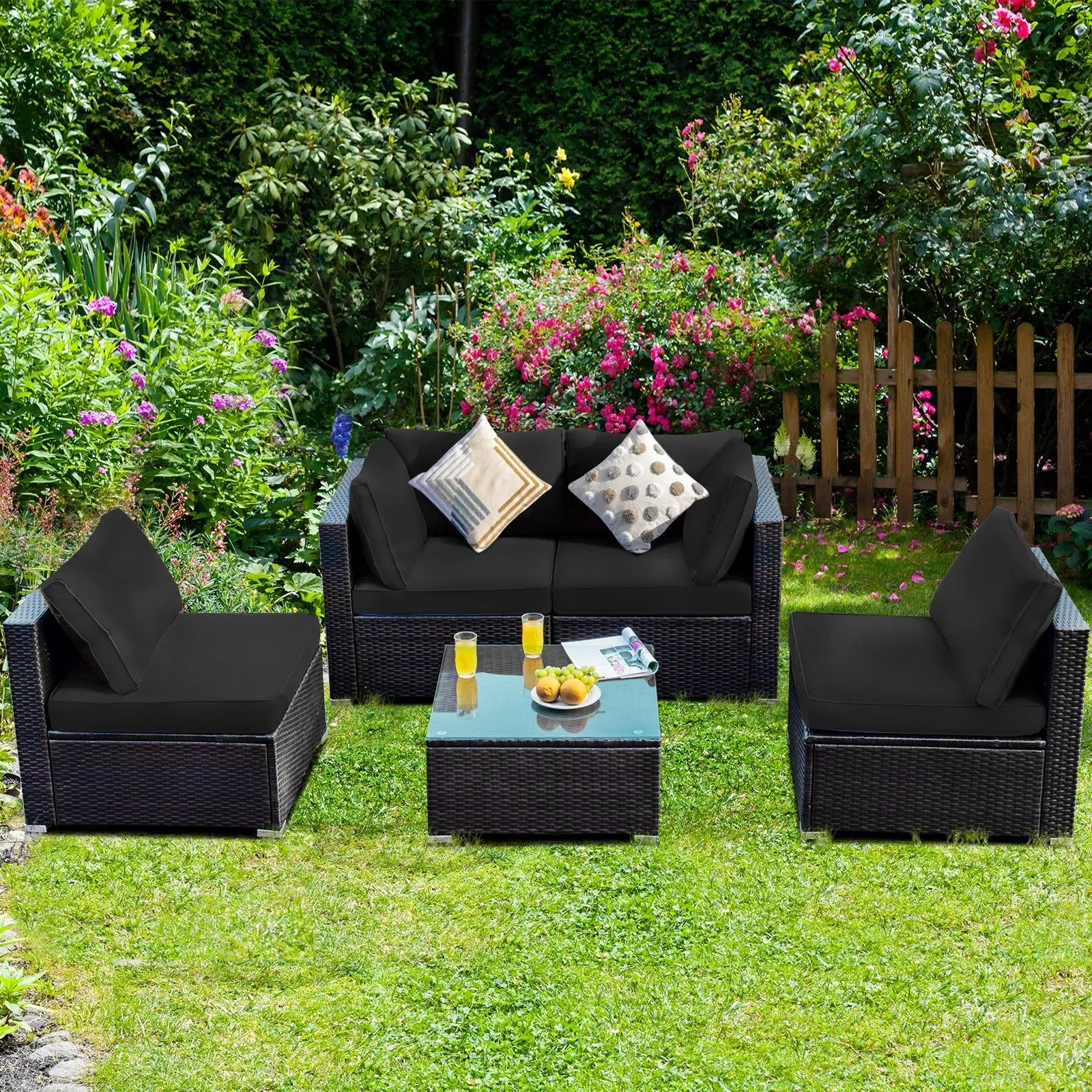 5pc Wicker Rattan Cushioned Patio Furniture Set - Black