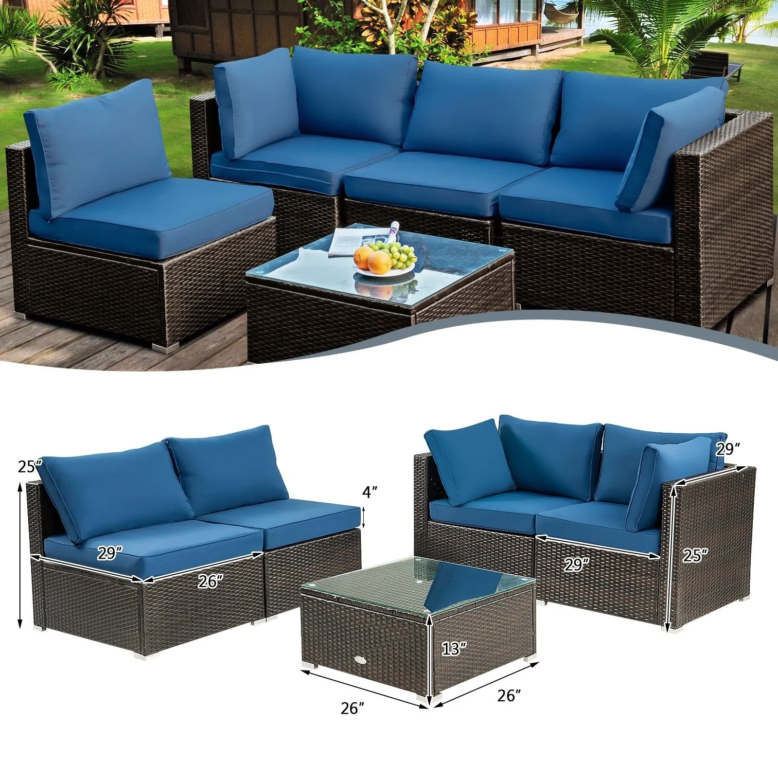 5pc Wicker Rattan Cushioned Patio Furniture Set - Navy