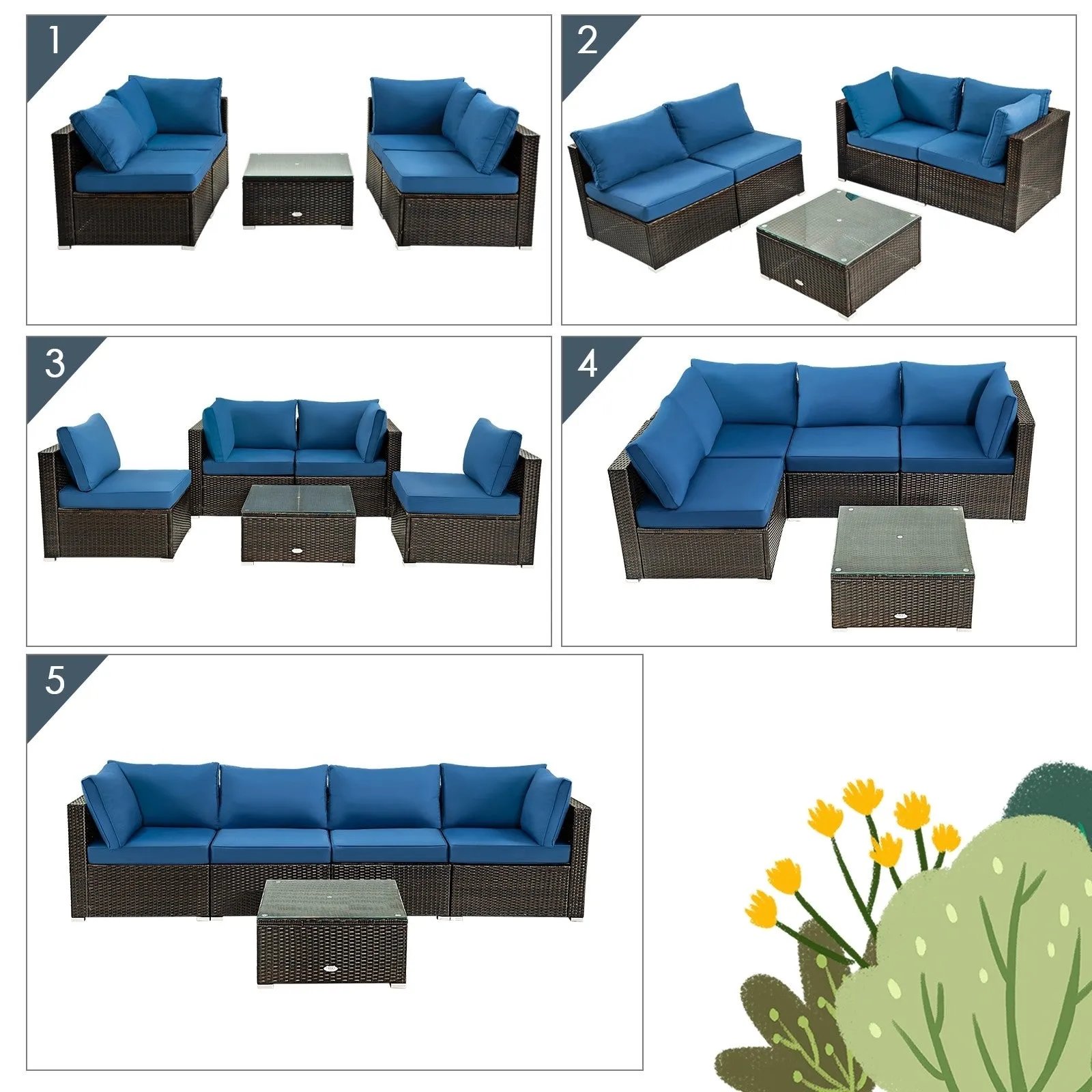 5pc Wicker Rattan Cushioned Patio Furniture Set - Navy