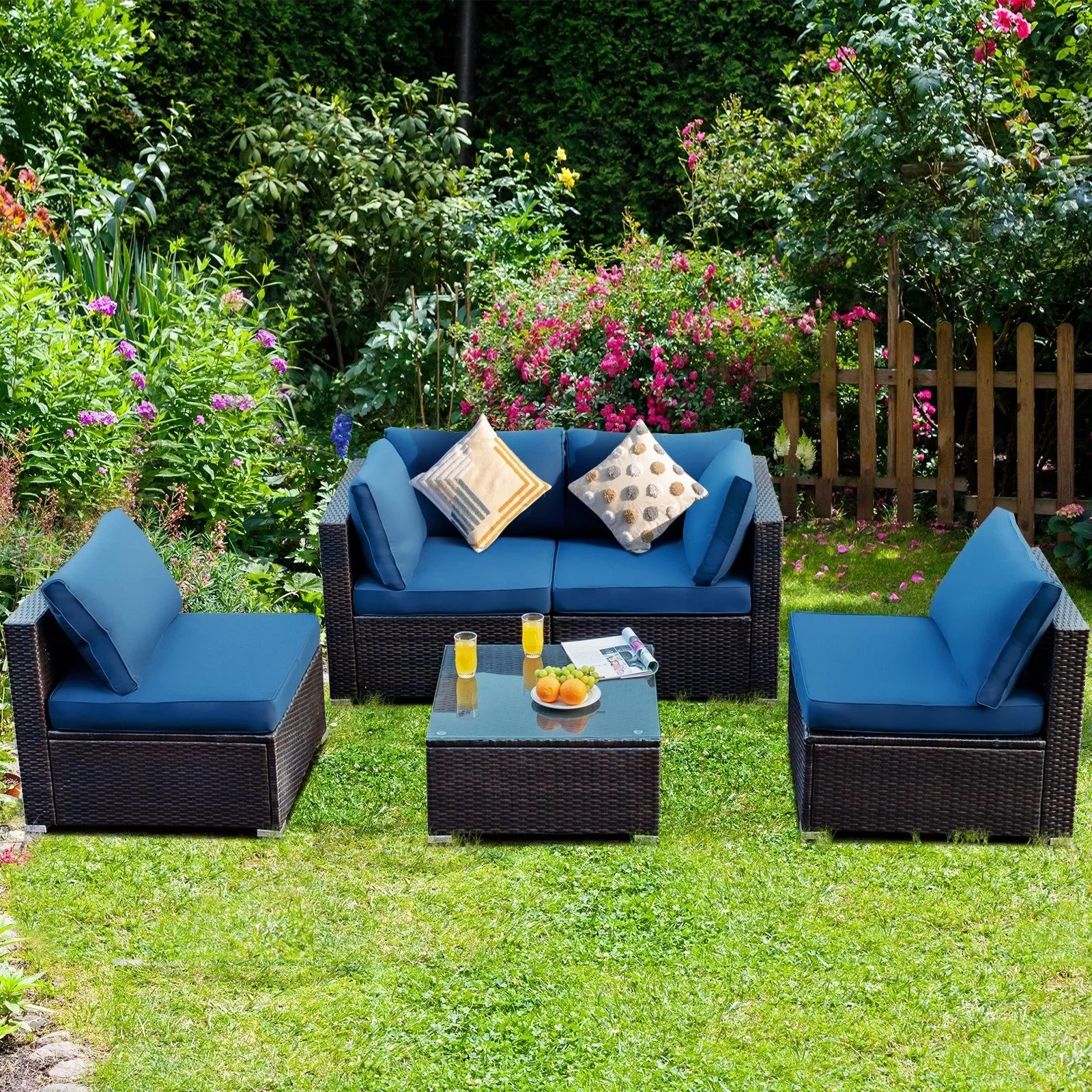 5pc Wicker Rattan Cushioned Patio Furniture Set - Navy