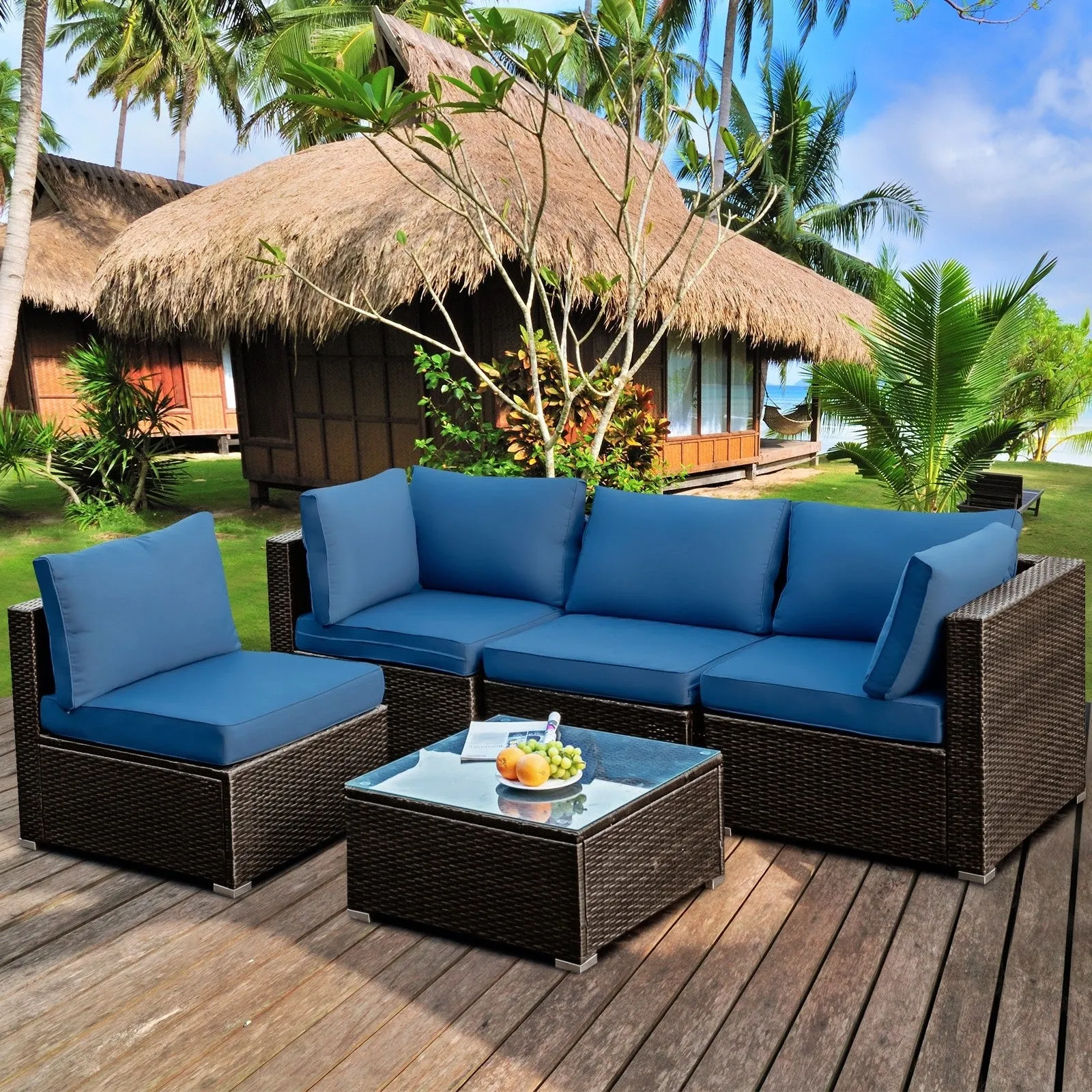 5pc Wicker Rattan Cushioned Patio Furniture Set - Navy