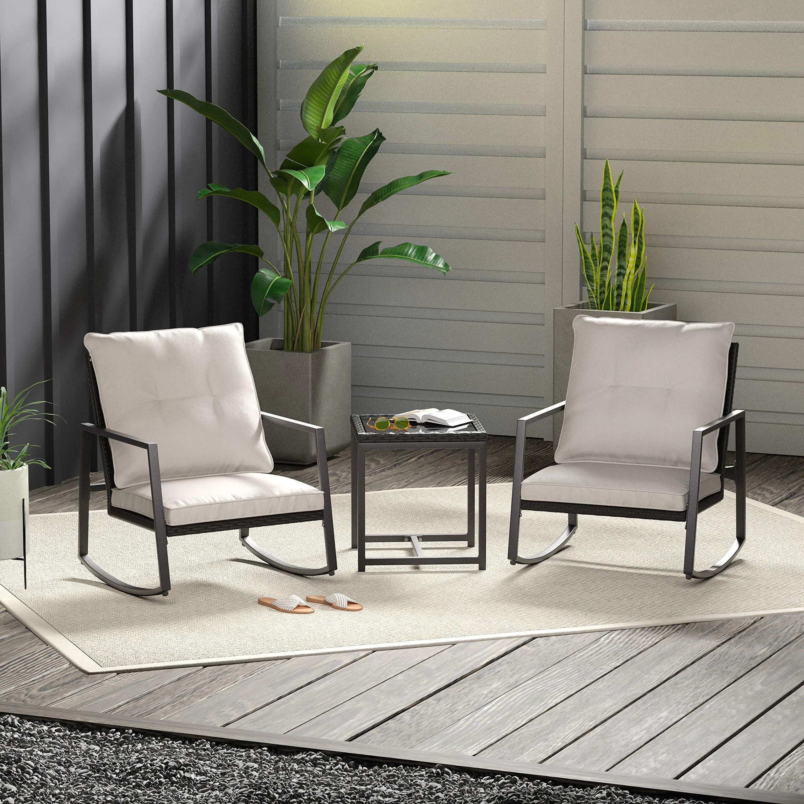 AmazonBasics 3-Piece PE Rattan Wicker Rocking Chair Outdoor Patio Set