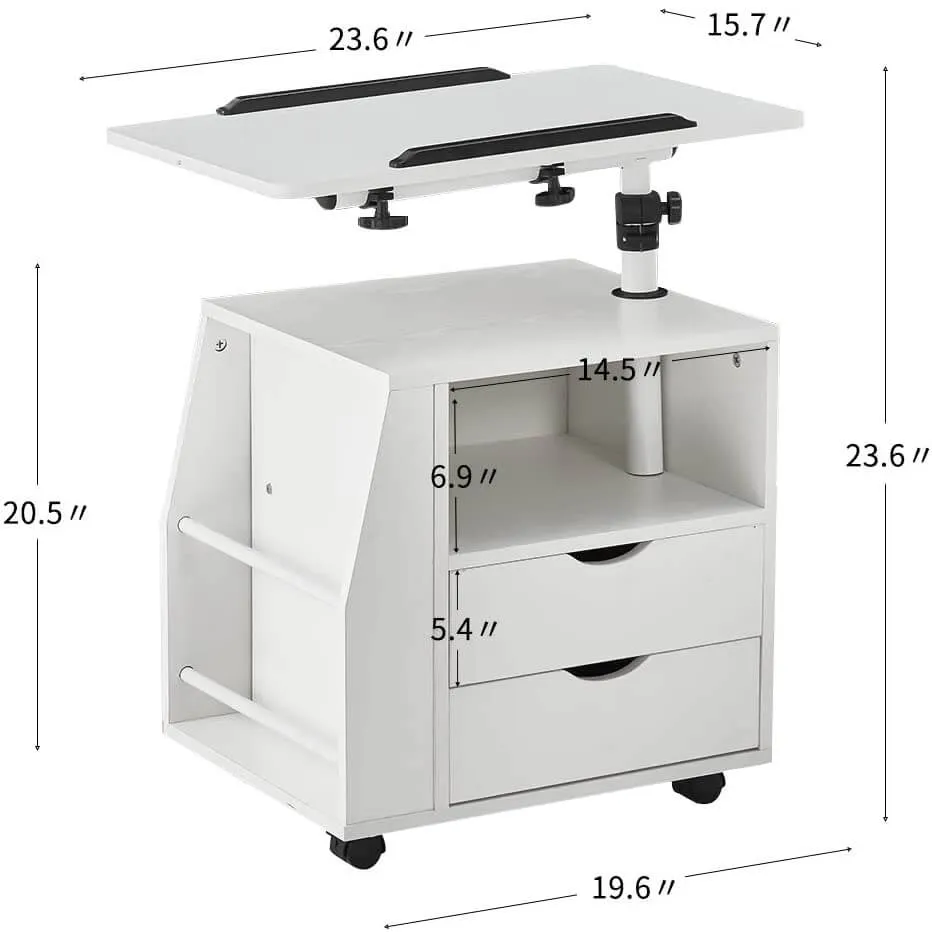 Bedside Table Height Adjustable End Table, Wooden Nightstand with Swivel Top, Storage Drawers & Universal Wheels, White