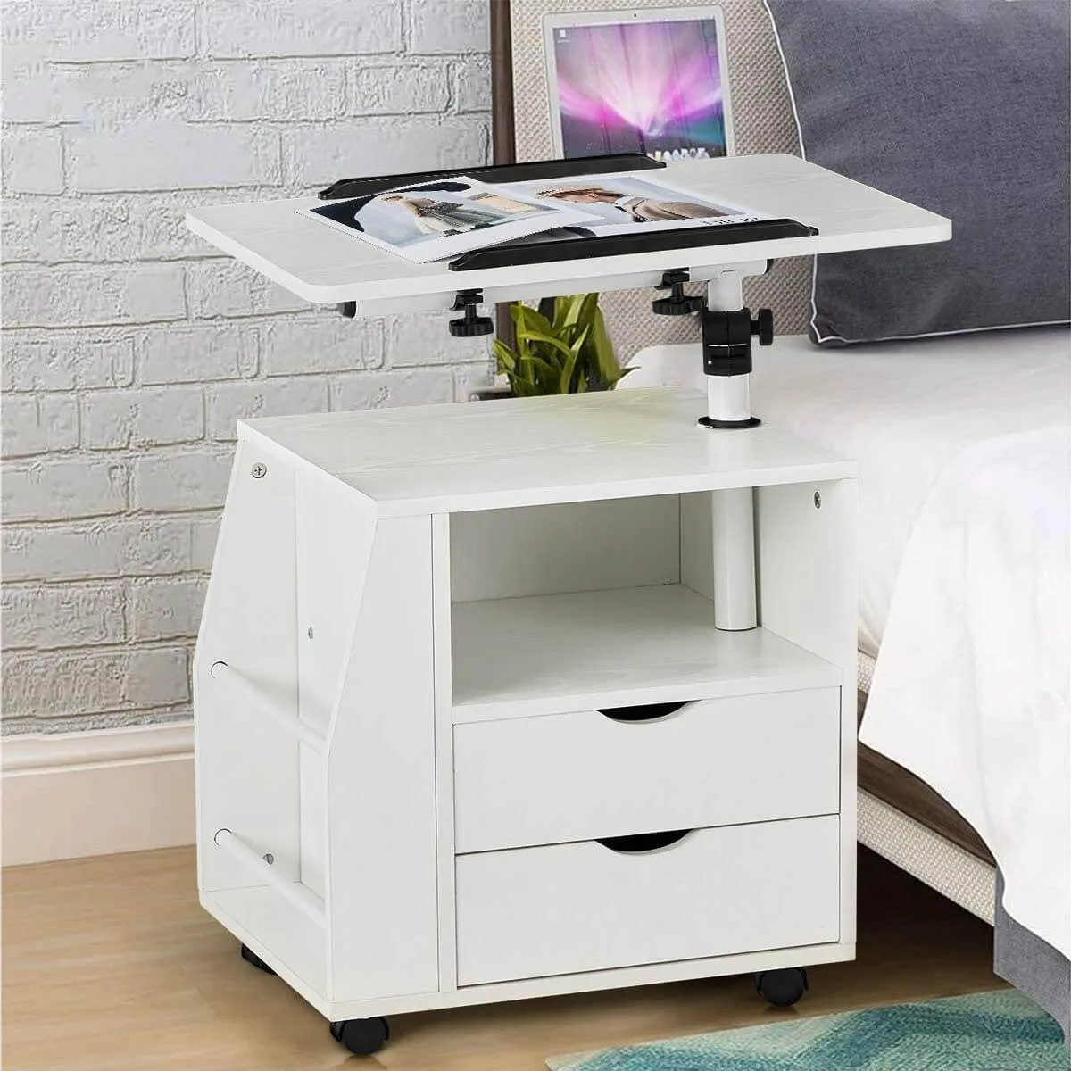 Bedside Table Height Adjustable End Table, Wooden Nightstand with Swivel Top, Storage Drawers & Universal Wheels, White