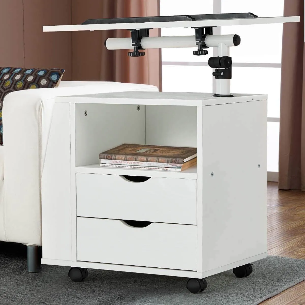 Bedside Table Height Adjustable End Table, Wooden Nightstand with Swivel Top, Storage Drawers & Universal Wheels, White