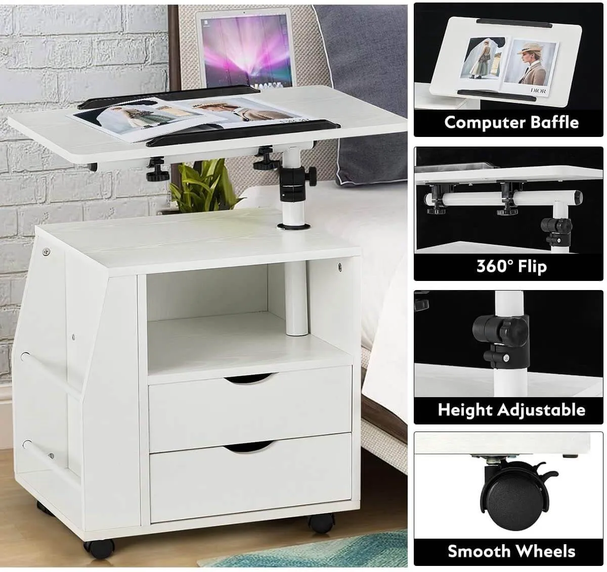 Bedside Table Height Adjustable End Table, Wooden Nightstand with Swivel Top, Storage Drawers & Universal Wheels, White