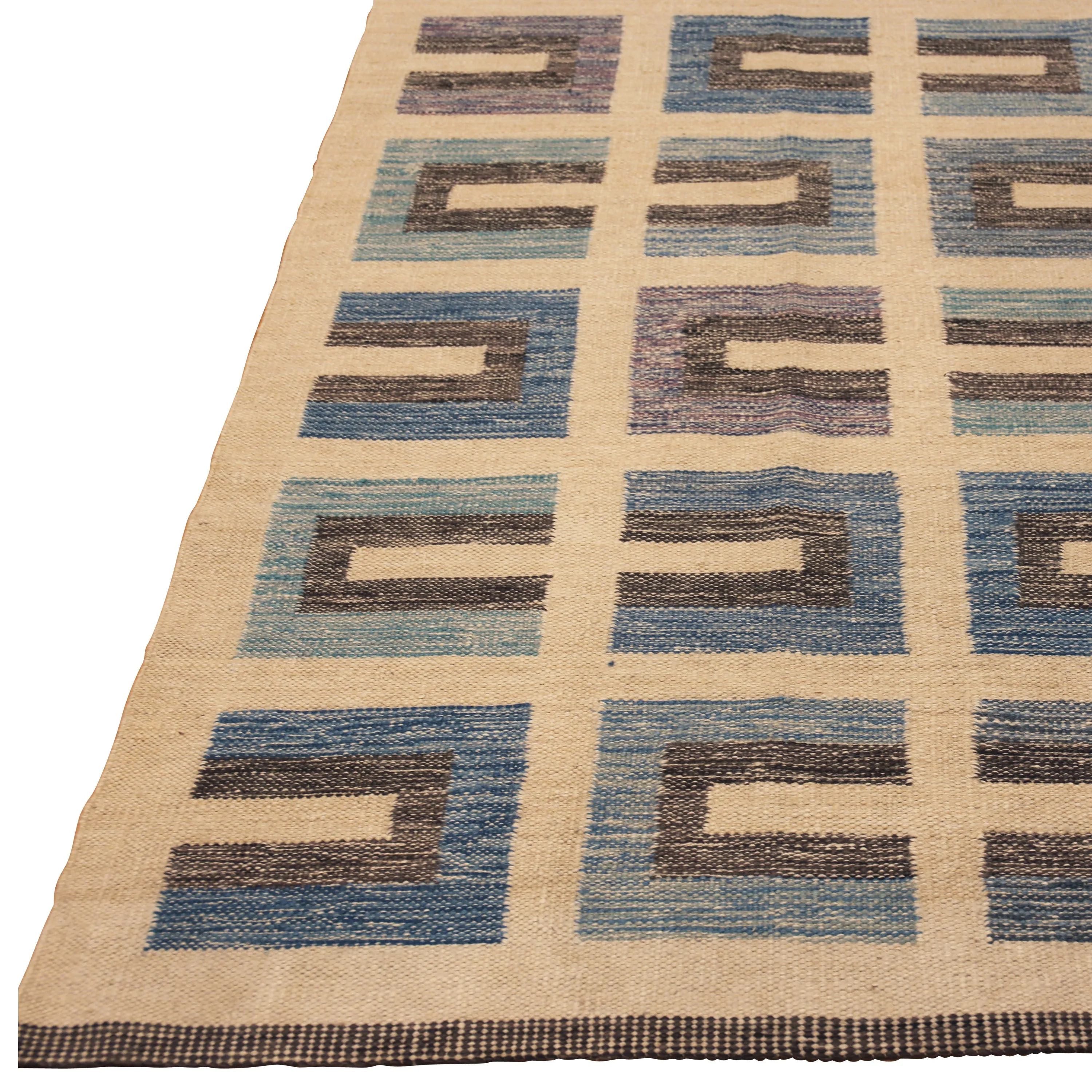 Blue and Natural Swedish Style Wool Kilim Rug - 8' x 10'3"