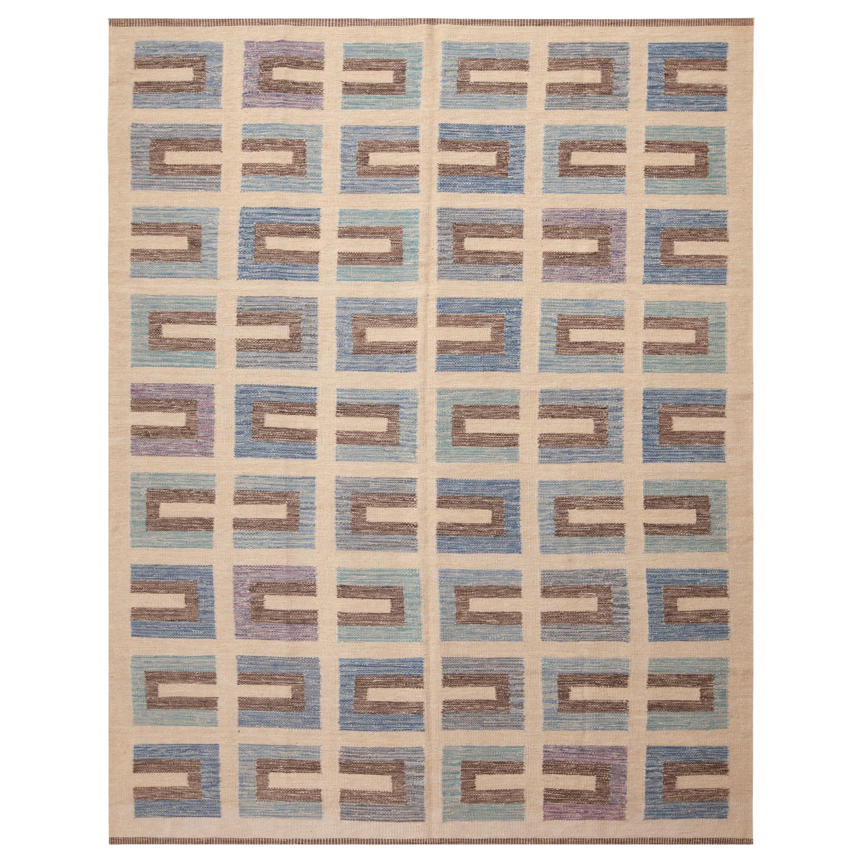 Blue and Natural Swedish Style Wool Kilim Rug - 8' x 10'3"