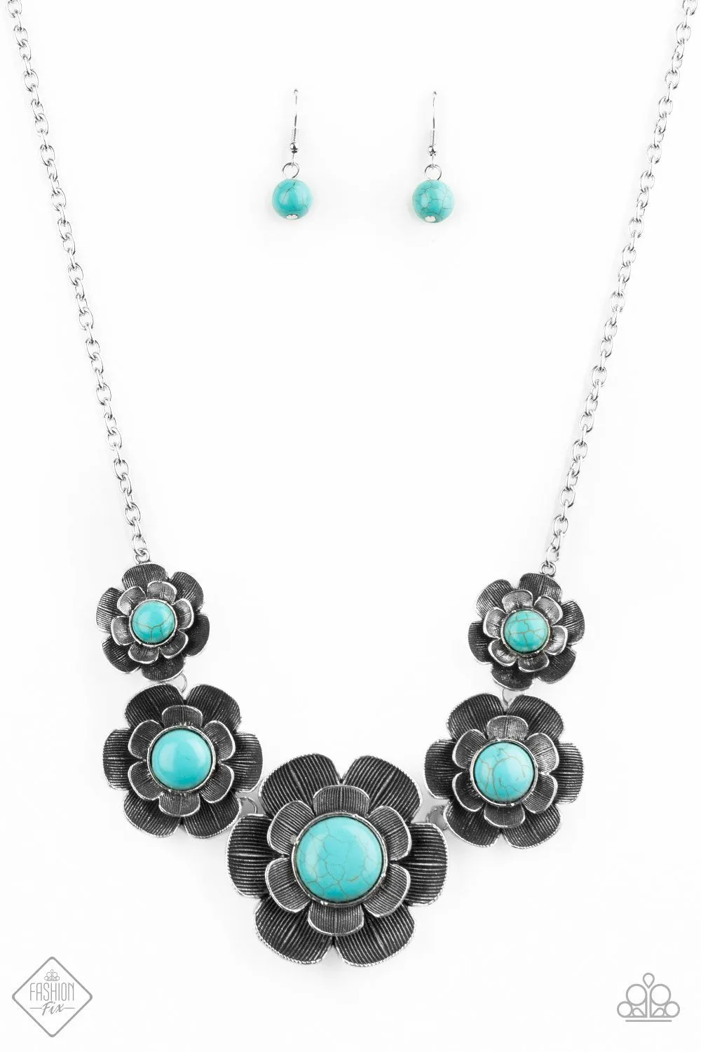 Bountiful Badlands Turquoise Blue Stone and Silver Flower Necklace - Paparazzi Accessories