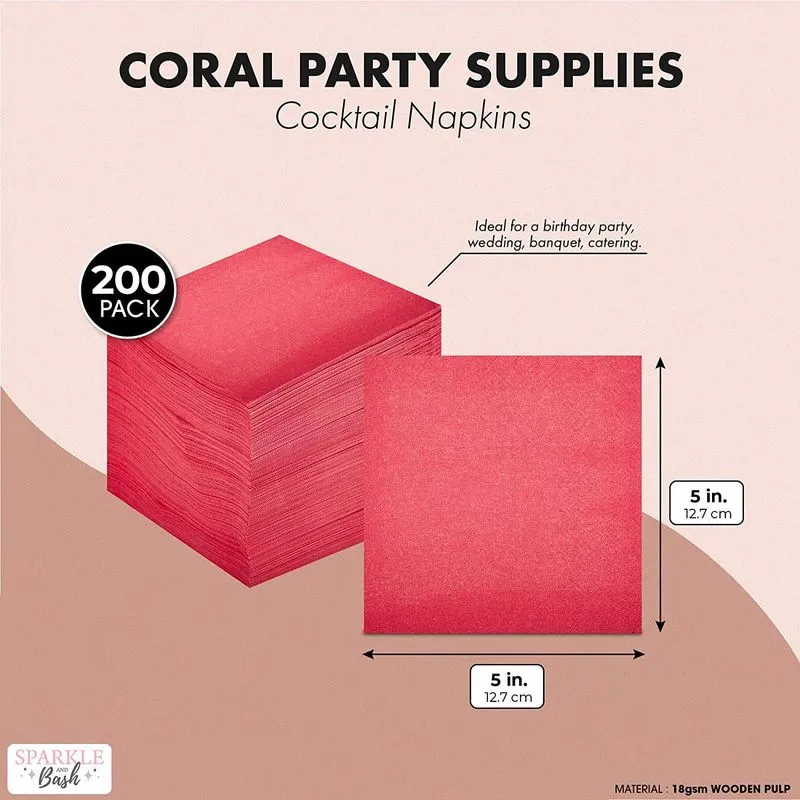 Coral Paper Cocktail Napkins, Pink Party Supplies (5 x 5 Inches, 200 Pack)