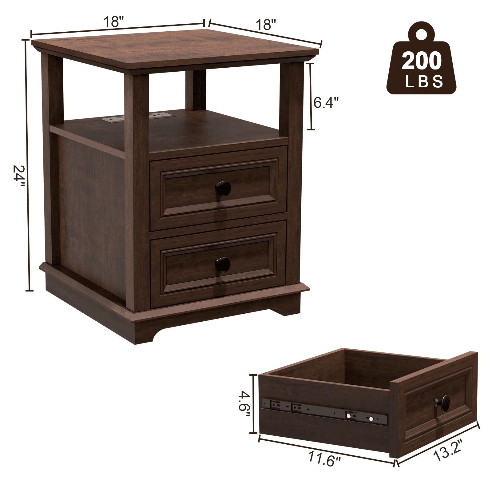 cozy 24" Tall Nightstand with Charging Station, Double 18W Fast Charge End Table, Large 18â Bedside Table with Drawers,Rustic Wood Storage Cabinet with Open Shelf for Bedroom,Cherry