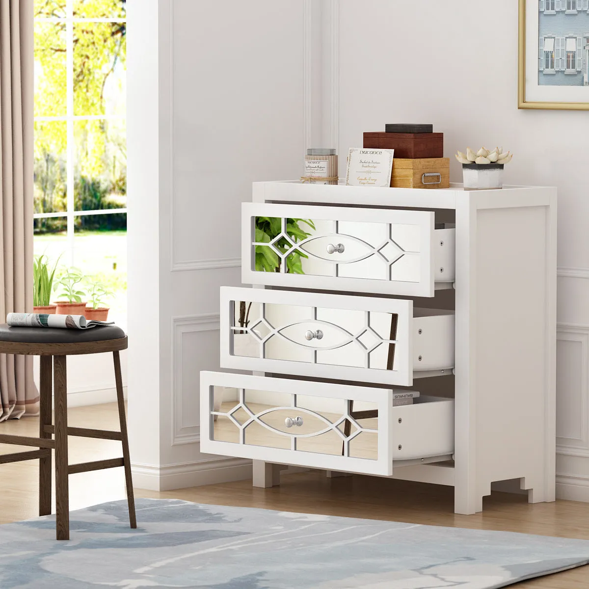 Dresser with 3 Mirrored Drawers Storage Nightstand in White