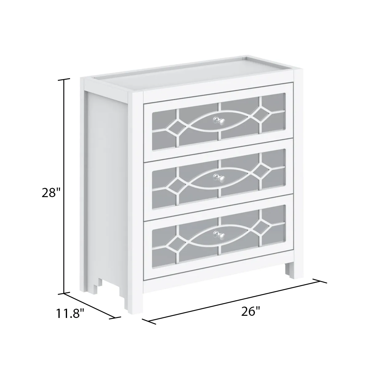 Dresser with 3 Mirrored Drawers Storage Nightstand in White