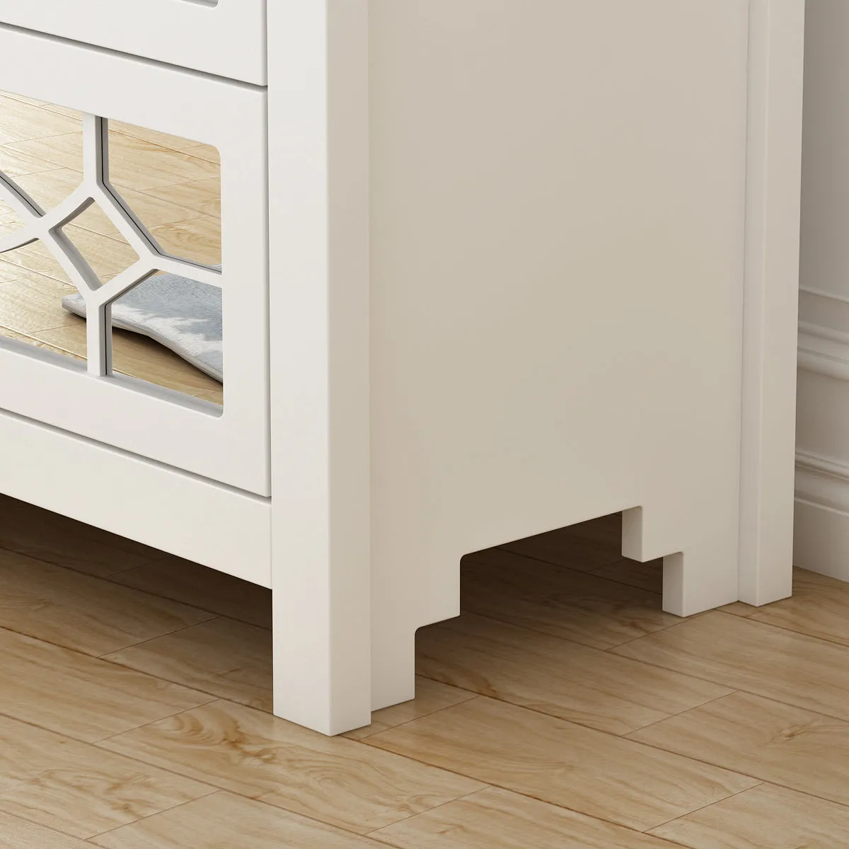 Dresser with 3 Mirrored Drawers Storage Nightstand in White