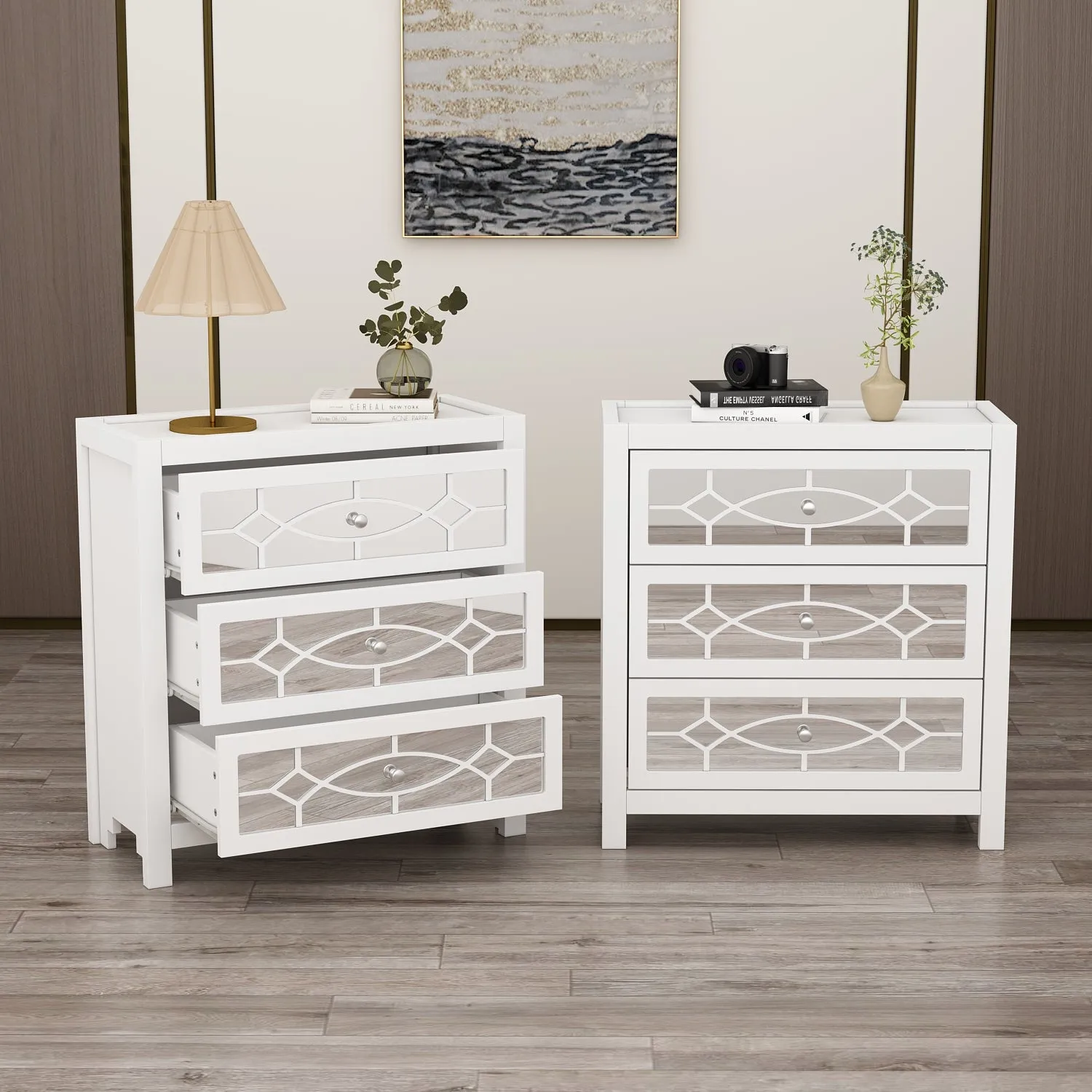 Dresser with 3 Mirrored Drawers Storage Nightstand in White