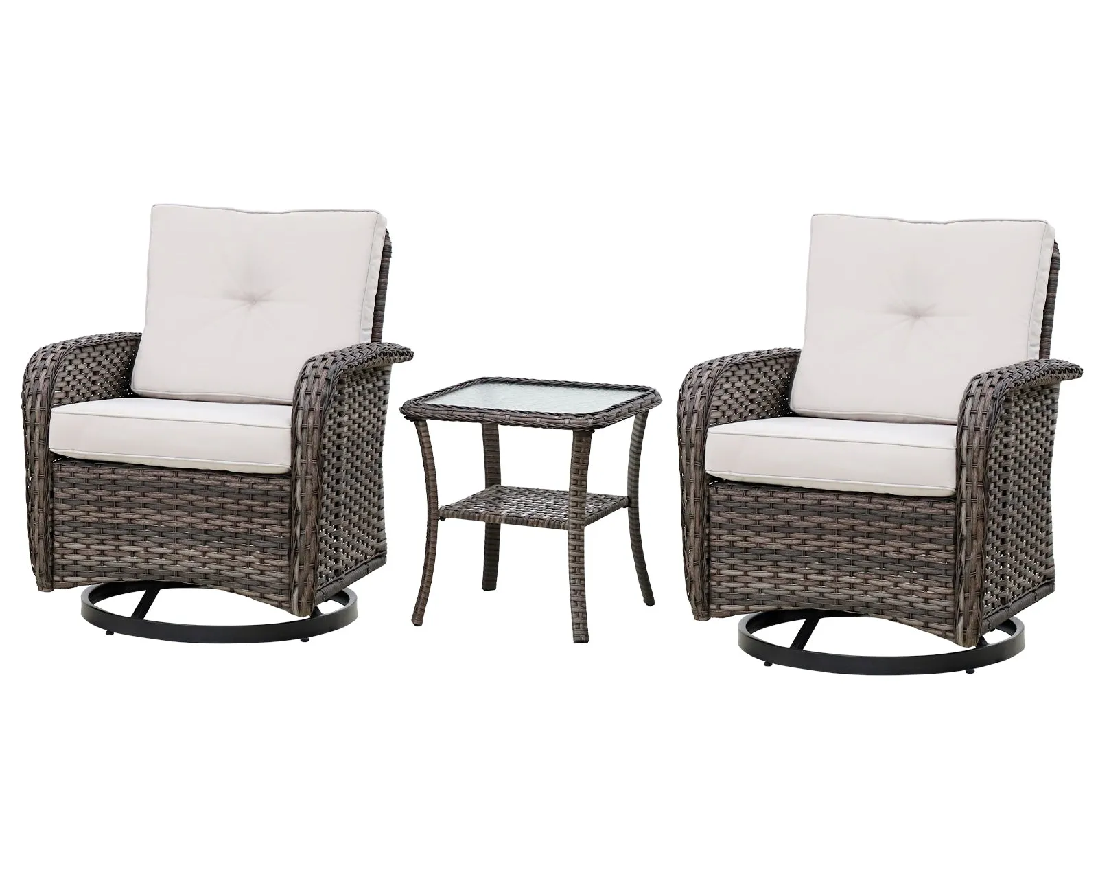 EAGLE PEAK 3pc Rattan Swivel Rocker Patio Conversation Set, includes 2 Wicker Swivel Rocking Chairs with Removable Cushions and 1 Side Table, Gray/Beige