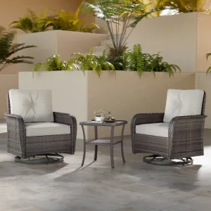 EAGLE PEAK 3pc Rattan Swivel Rocker Patio Conversation Set, includes 2 Wicker Swivel Rocking Chairs with Removable Cushions and 1 Side Table, Gray/Beige