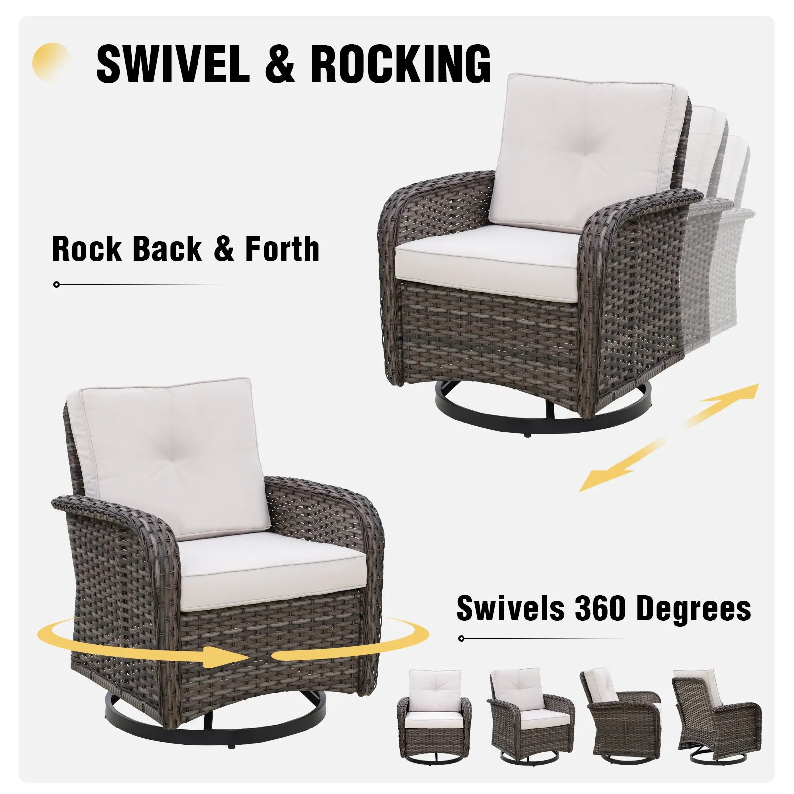 EAGLE PEAK 3pc Rattan Swivel Rocker Patio Conversation Set, includes 2 Wicker Swivel Rocking Chairs with Removable Cushions and 1 Side Table, Gray/Beige