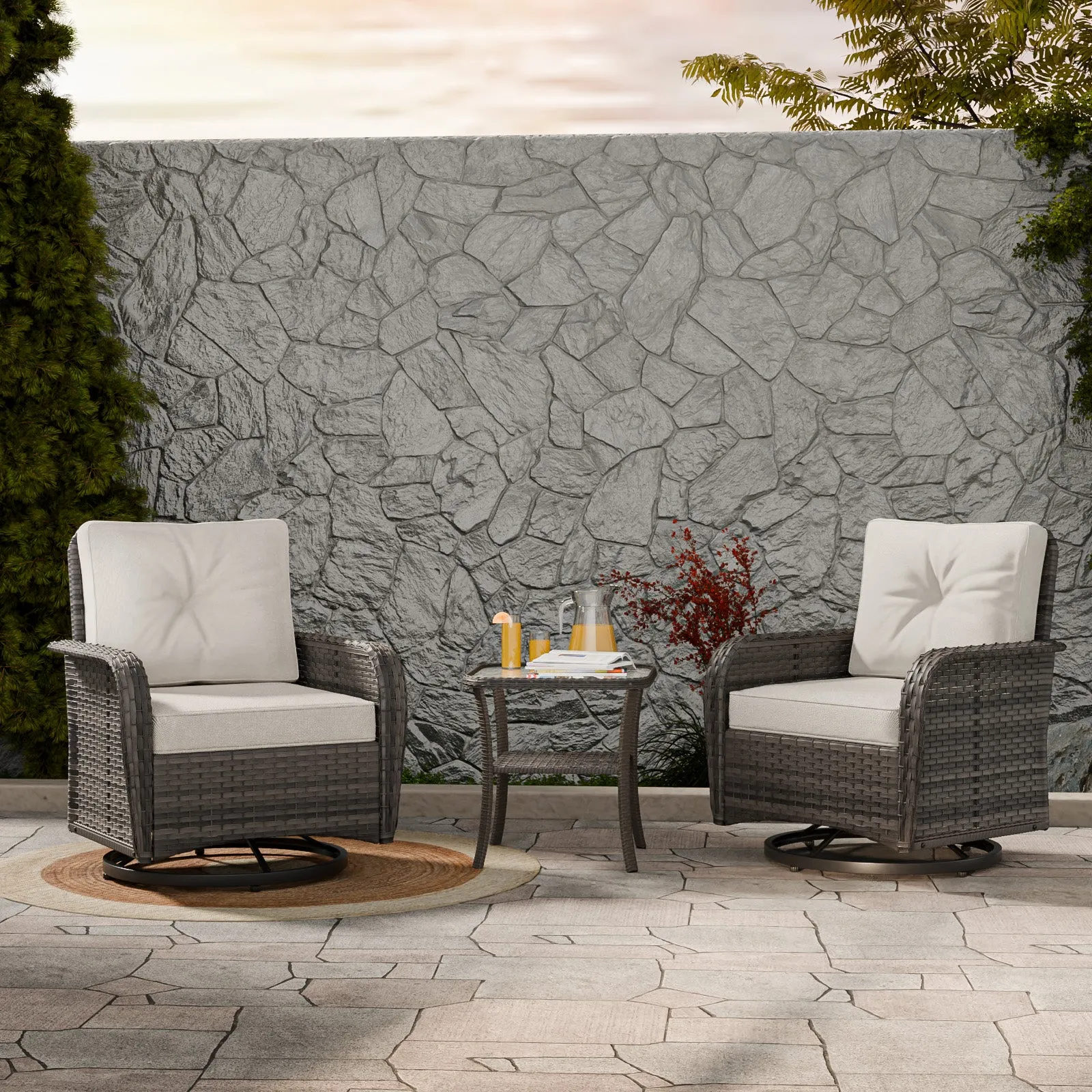 EAGLE PEAK 3pc Rattan Swivel Rocker Patio Conversation Set, includes 2 Wicker Swivel Rocking Chairs with Removable Cushions and 1 Side Table, Gray/Beige