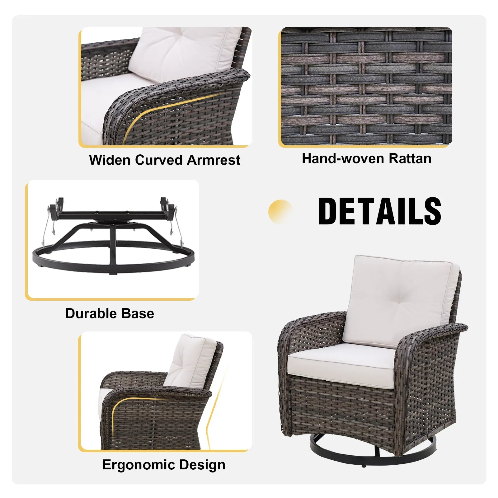 EAGLE PEAK 3pc Rattan Swivel Rocker Patio Conversation Set, includes 2 Wicker Swivel Rocking Chairs with Removable Cushions and 1 Side Table, Gray/Beige