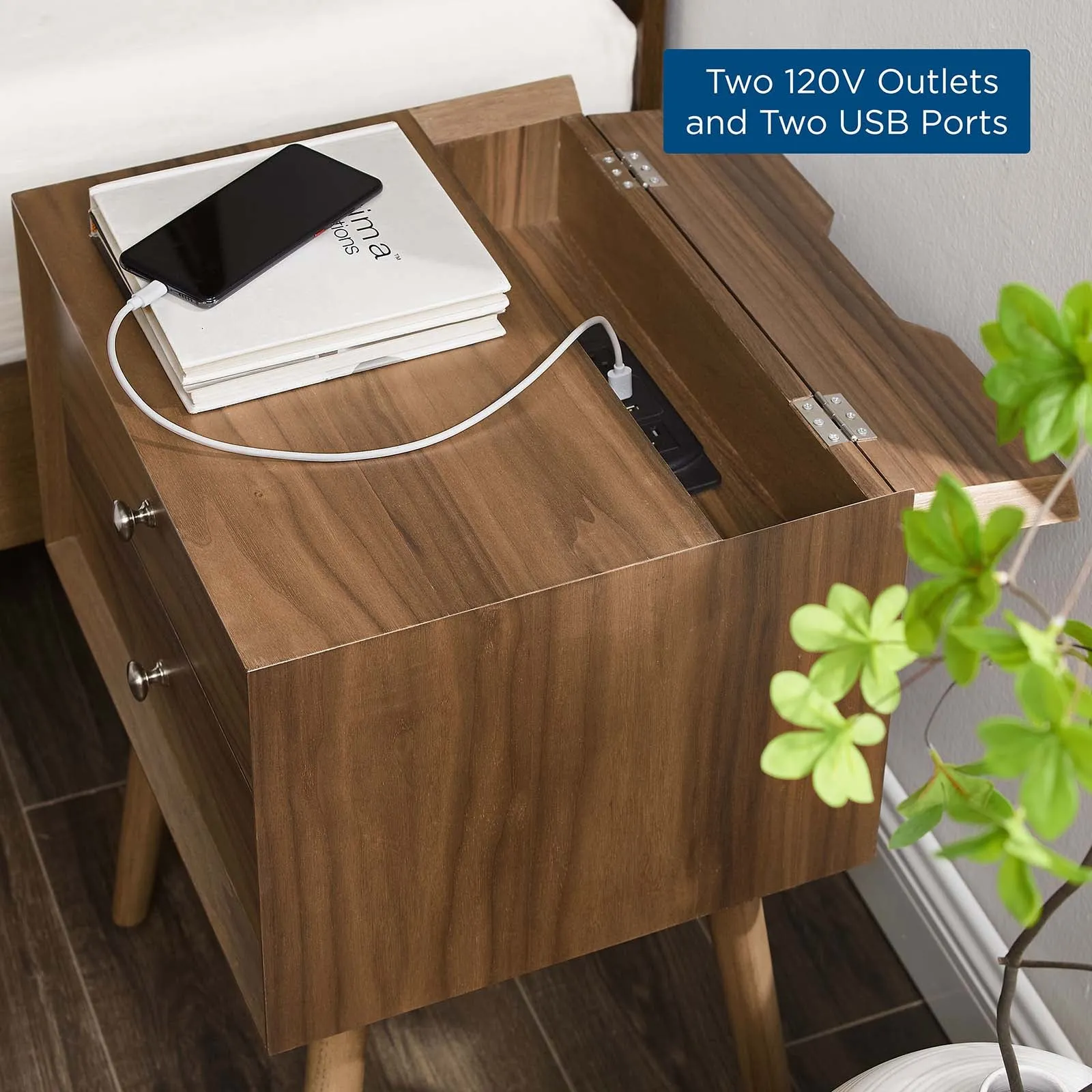 Ember Wood Nightstand With USB Ports