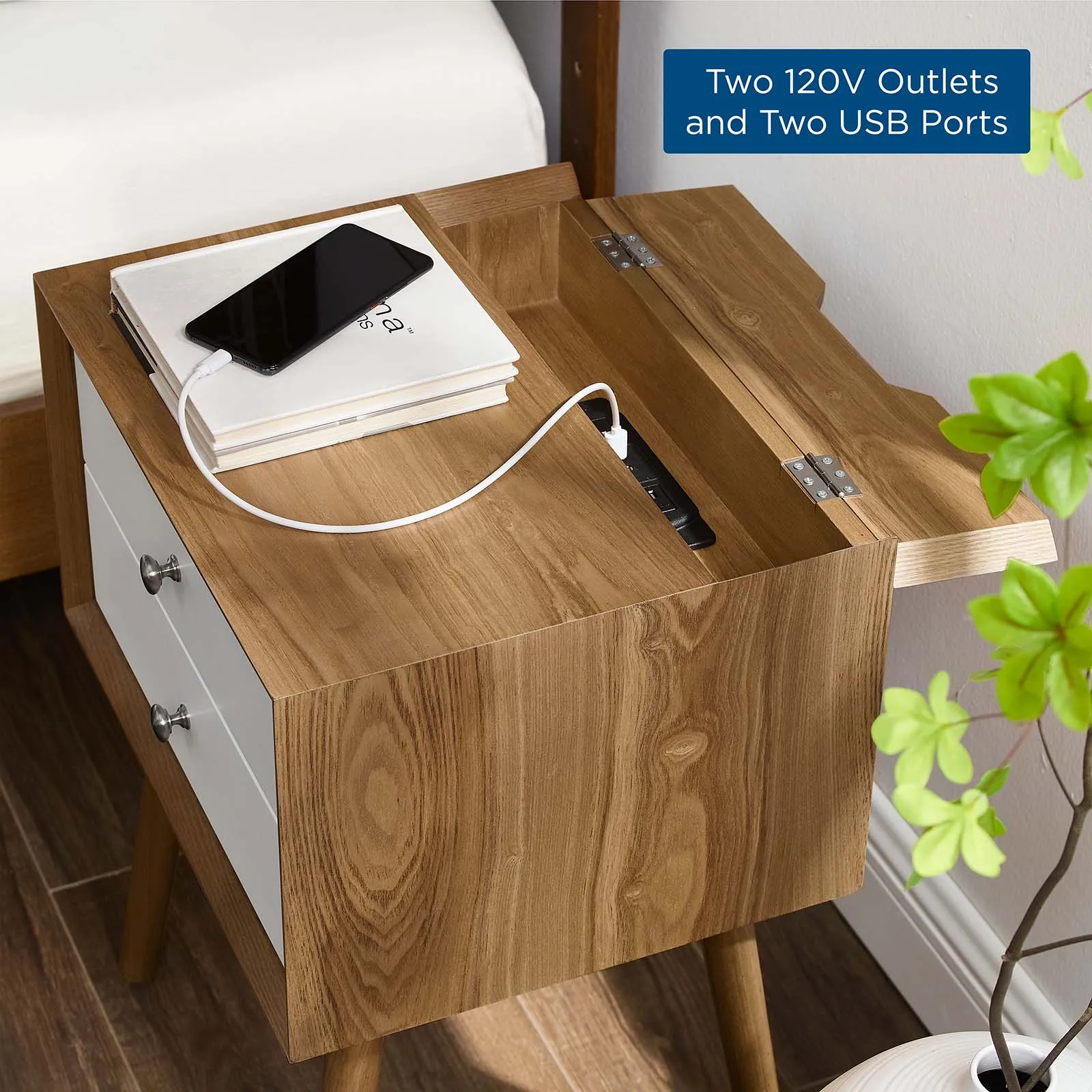 Ember Wood Nightstand With USB Ports