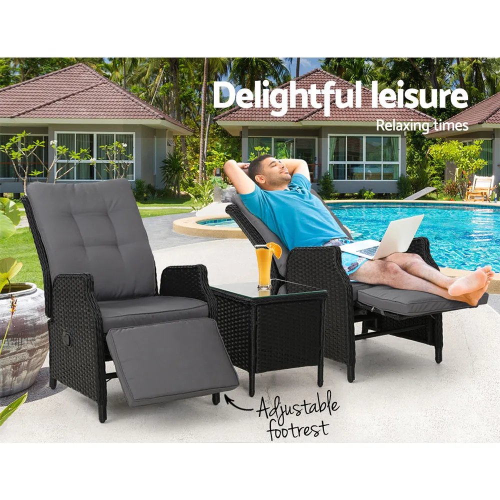 Gardeon 3PC Recliner Chairs Table Sun lounge Outdoor Furniture Wicker Adjustable Black