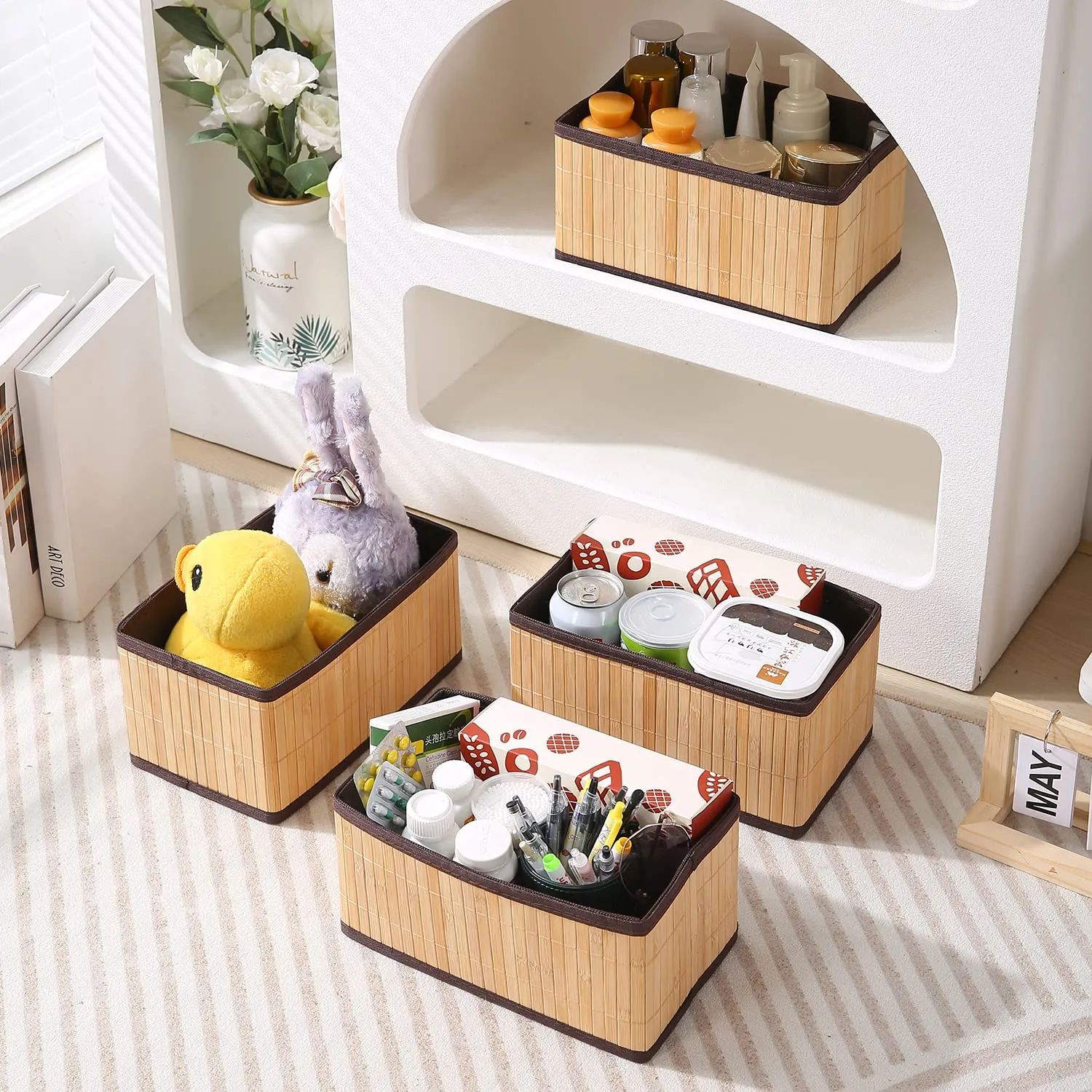 HomeStorie Eco-Friendly Foldable Natural Bamboo Storage Basket Bins Organizer, Pack of 1 (AR1542)