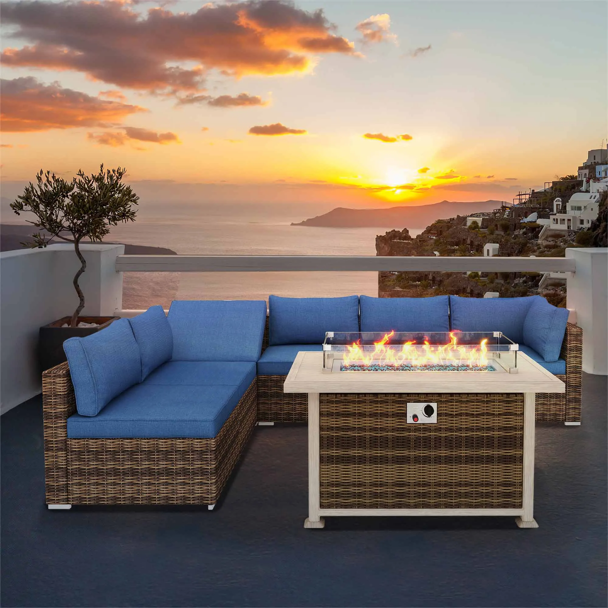 Homrest 44 in Outdoor Propane Fire Pit Table with Glass Wind Guard, Brown