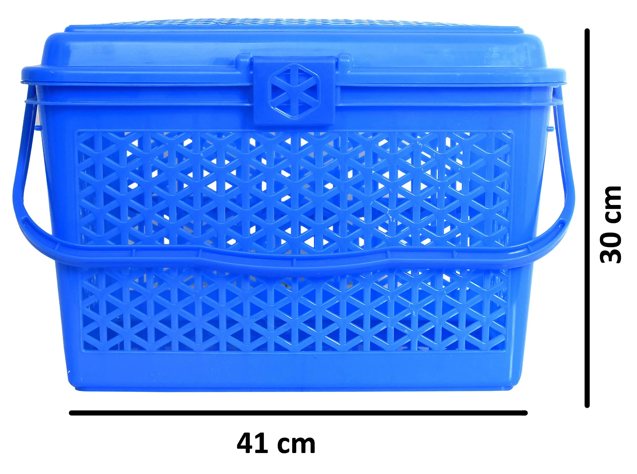 Kuber Industries Trendy Shopping/Storage Basket with Handles|Solid Plastic Big Bin|Handles Plus Lid|Size 30 x 41 x 28 (Blue)-KUBMART11098