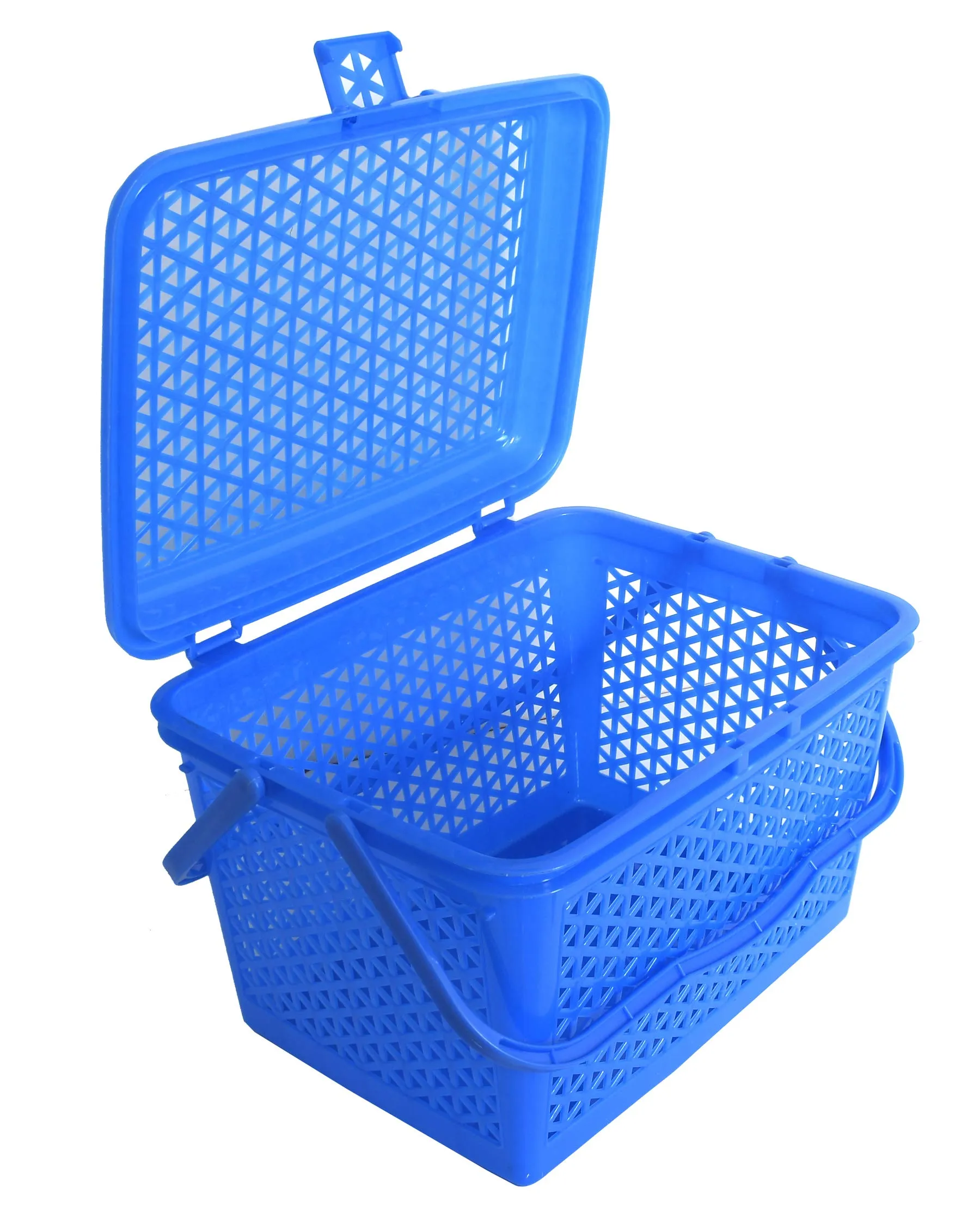 Kuber Industries Trendy Shopping/Storage Basket with Handles|Solid Plastic Big Bin|Handles Plus Lid|Size 30 x 41 x 28 (Blue)-KUBMART11098