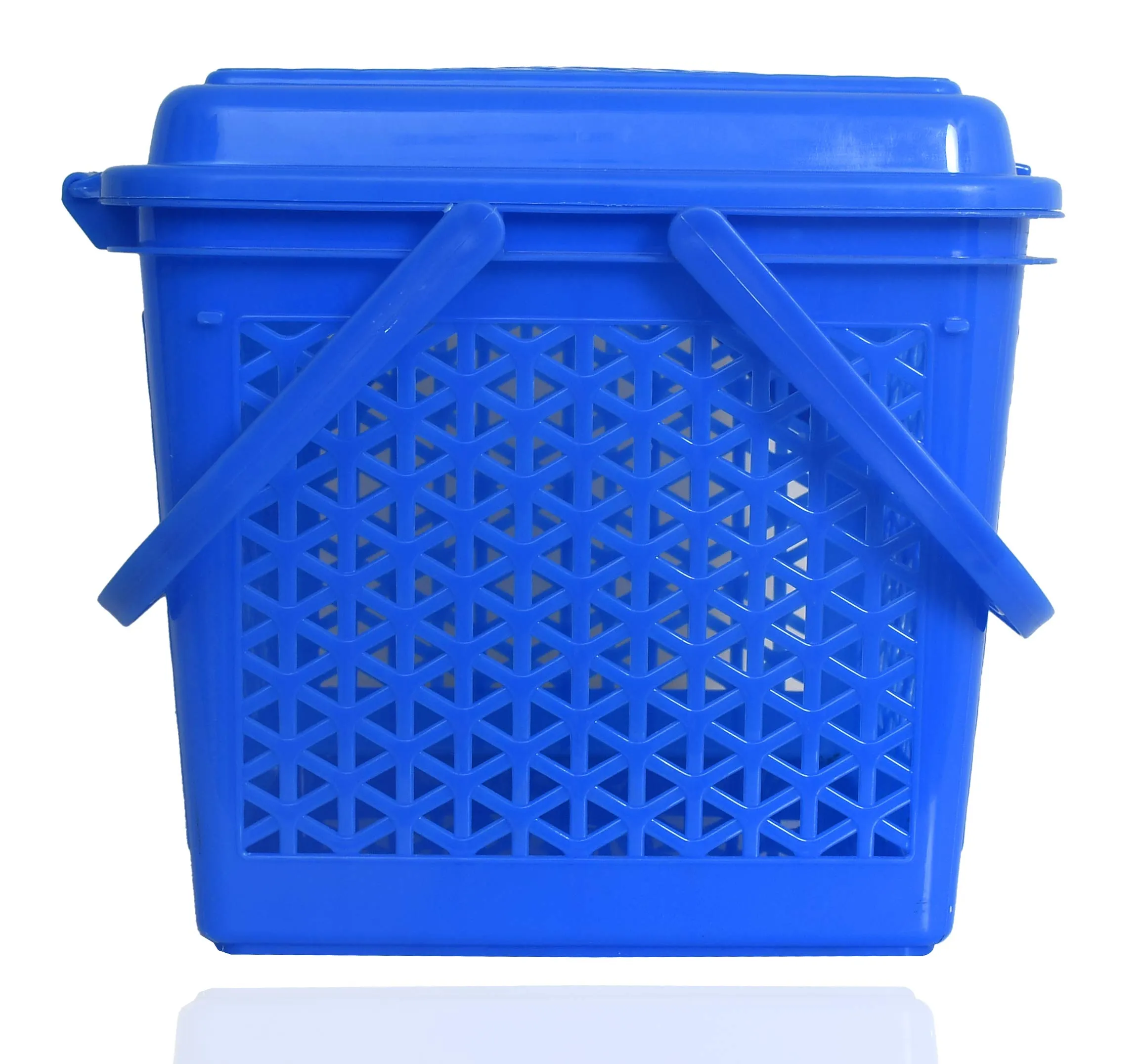 Kuber Industries Trendy Shopping/Storage Basket with Handles|Solid Plastic Big Bin|Handles Plus Lid|Size 30 x 41 x 28 (Blue)-KUBMART11098