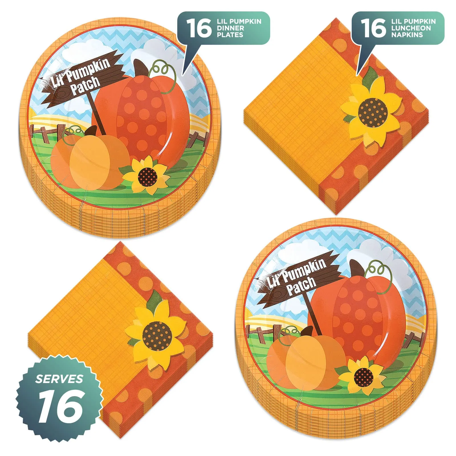 Lil' Pumpkin Patch & Sunflower Paper Plates and Napkins for Fall Parties & Thanksgiving