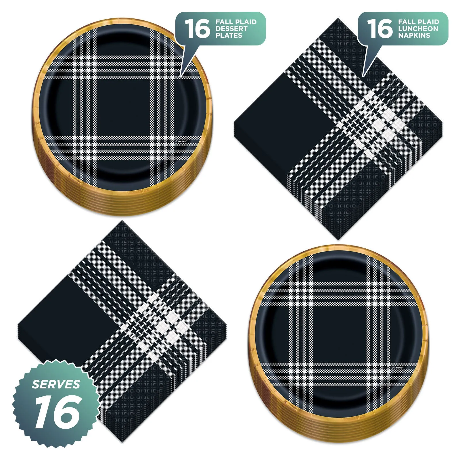 Modern Black & White Fall Plaid With Copper Trim Paper Dessert Plates and Lunch Napkins (Serves 16)