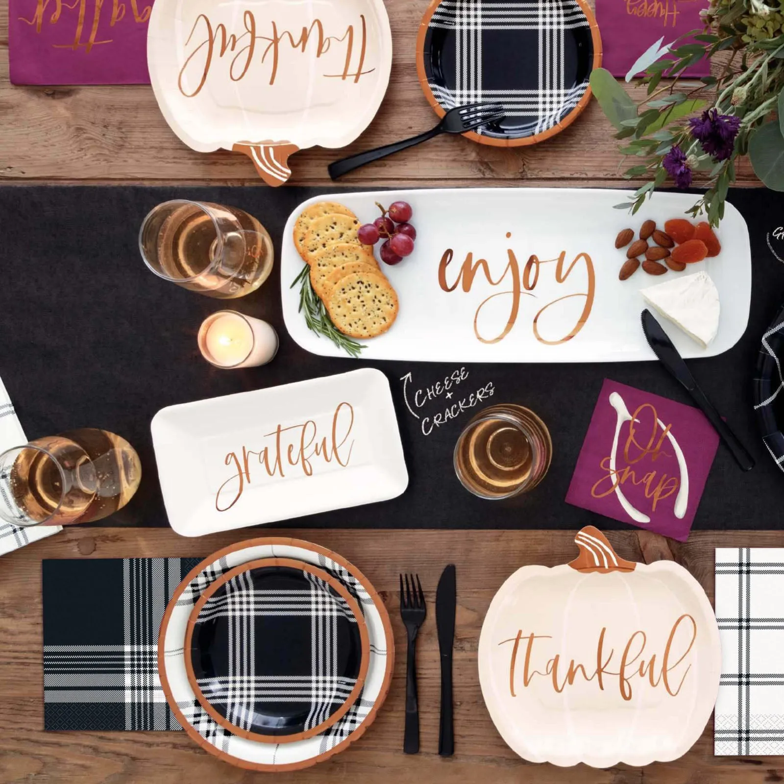 Modern Black & White Fall Plaid With Copper Trim Paper Dessert Plates and Lunch Napkins (Serves 16)