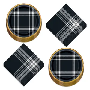 Modern Black & White Fall Plaid With Copper Trim Paper Dessert Plates and Lunch Napkins (Serves 16)