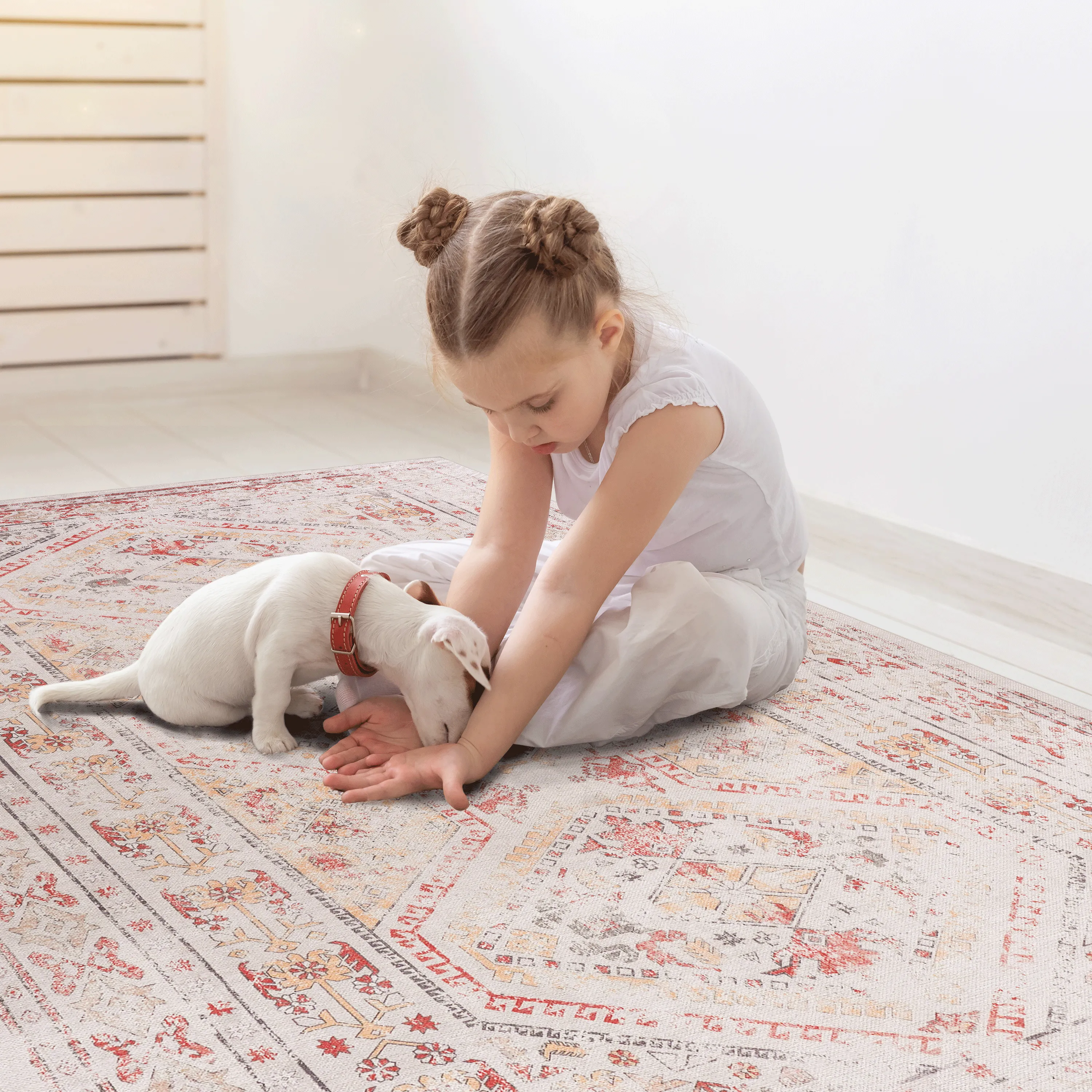 Naar 5x8 Area Rug, Washable Rug, Low-Pile, Non-Slip, Non-Shedding, Foldable, Kid & Pet Friendly - Area Rugs for living room, bedroom, kitchen, dining room rug - Beige Area Rug - (Beige, 5' x 8')