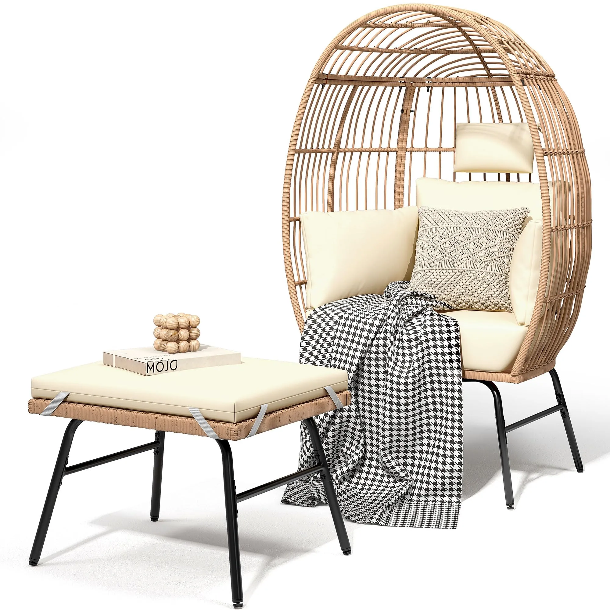 Outdoor Egg Chair with 2-in-1 Footrest, Patio Wicker Basket Chair with Ottoman, Indoor Egg Chairs with Cushion, Boho Cocoon Chair for Outside, Bedroom, Beige