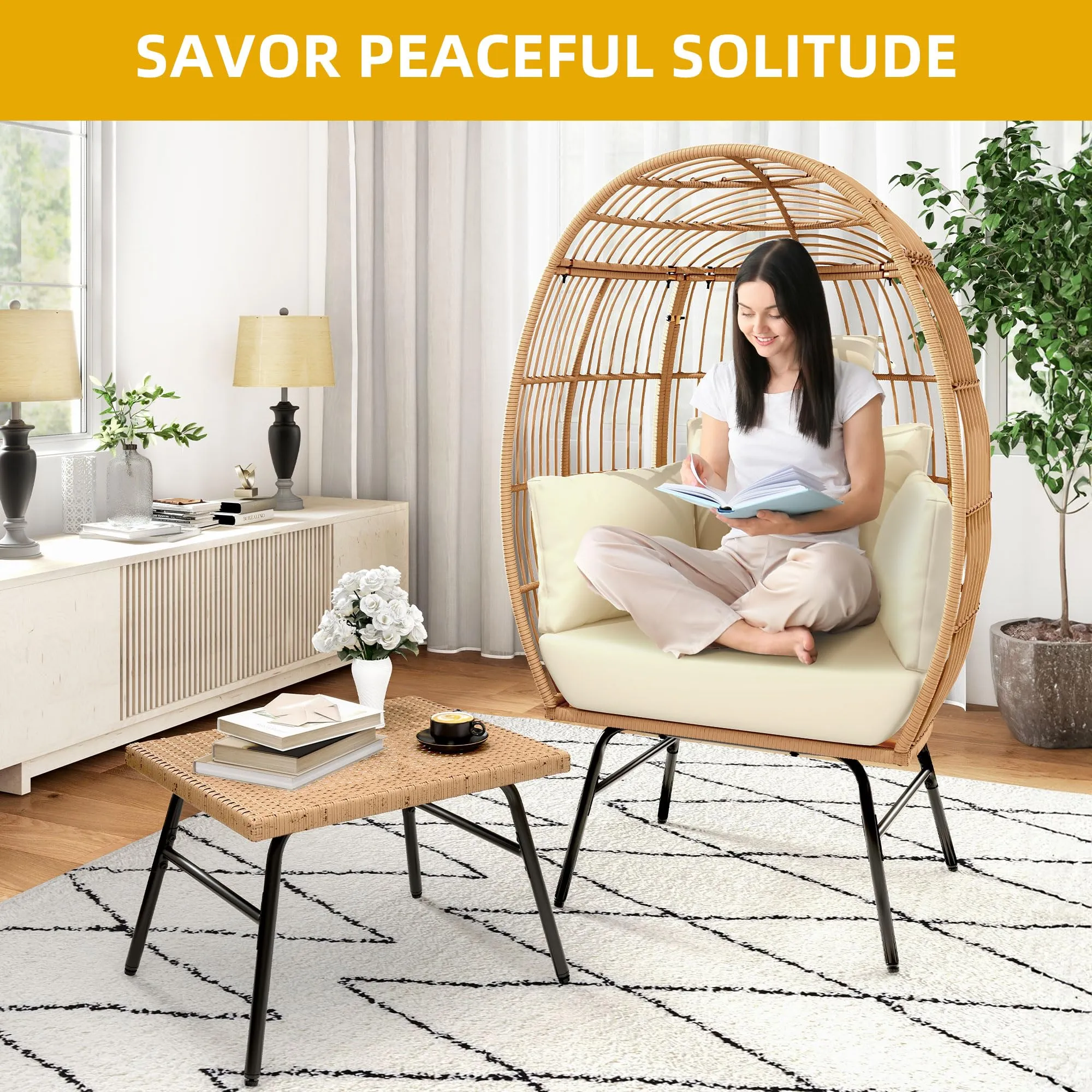 Outdoor Egg Chair with 2-in-1 Footrest, Patio Wicker Basket Chair with Ottoman, Indoor Egg Chairs with Cushion, Boho Cocoon Chair for Outside, Bedroom, Beige