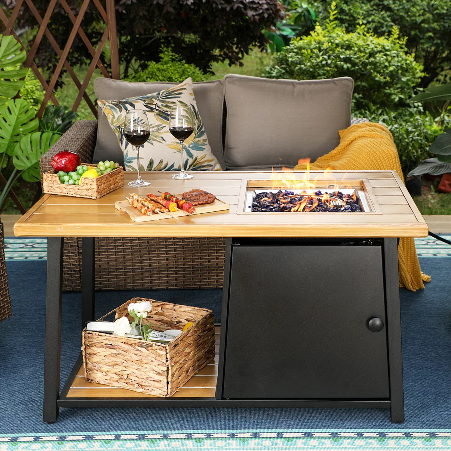 PHI VILLA  46" x 26" Storage Fire Pit Table 50,000 BTU with Wood-look Tabletop-Functional and Stylish