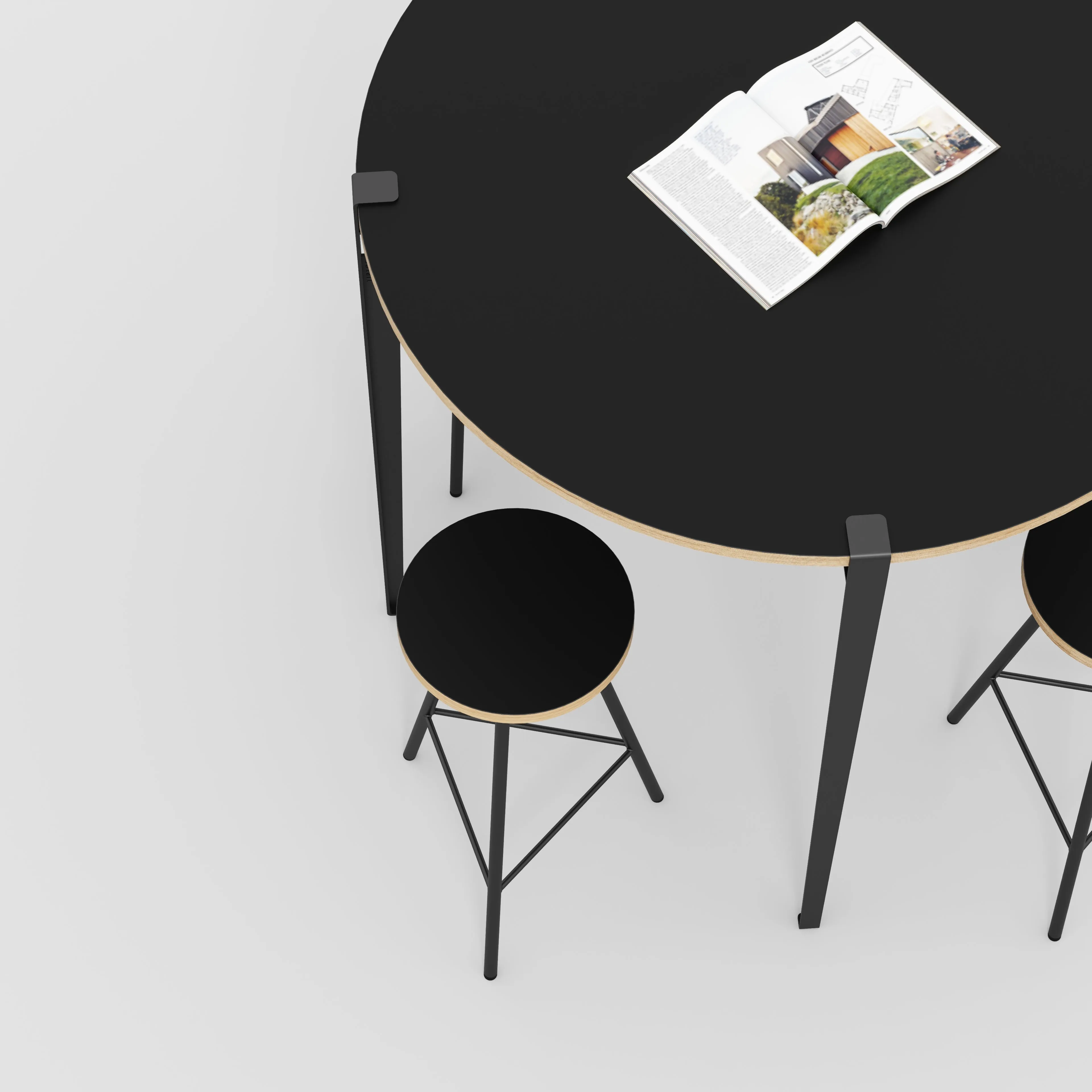 Plywood Round Table with Black Tiptoe Legs - Formica Diamond Black - 1200(dia) x 1100(h)