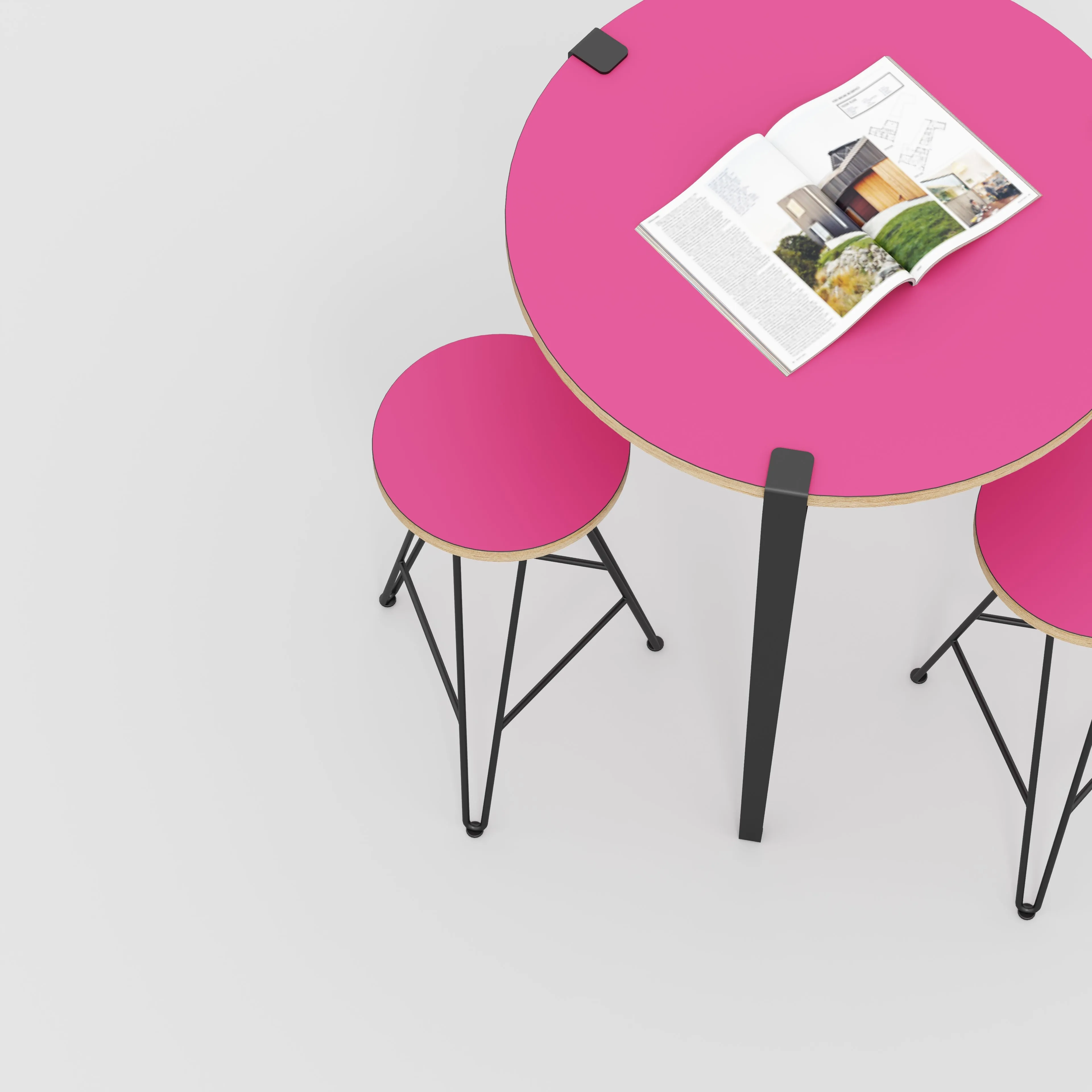 Plywood Round Table with Black Tiptoe Legs - Formica Juicy Pink - 800(dia) x 900(h)